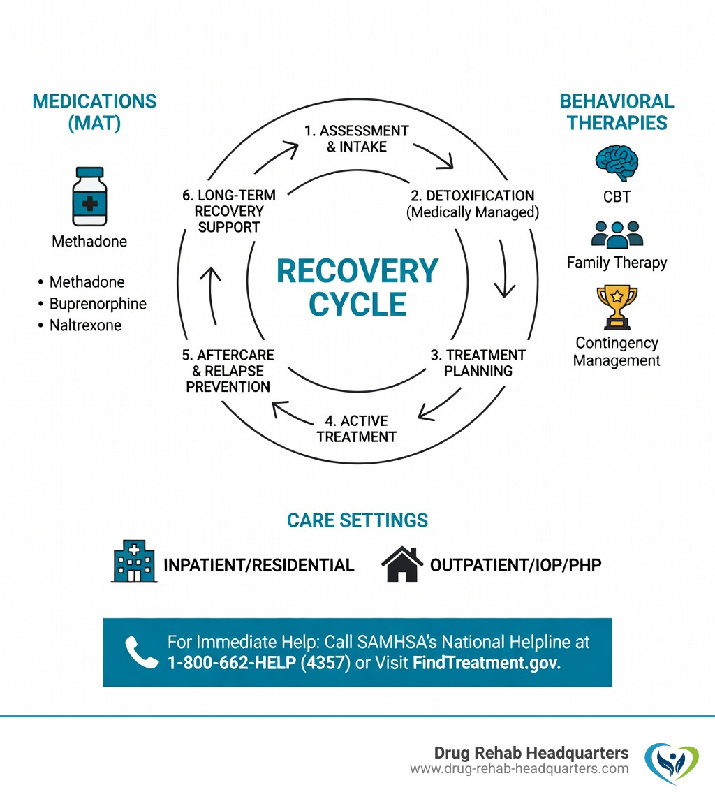 infographic showing addiction treatment options including medications like methadone and buprenorphine, behavioral therapies such as CBT and family therapy, care settings from inpatient to outpatient, and the recovery cycle from assessment through long-term support - addiction drug treatment infographic 