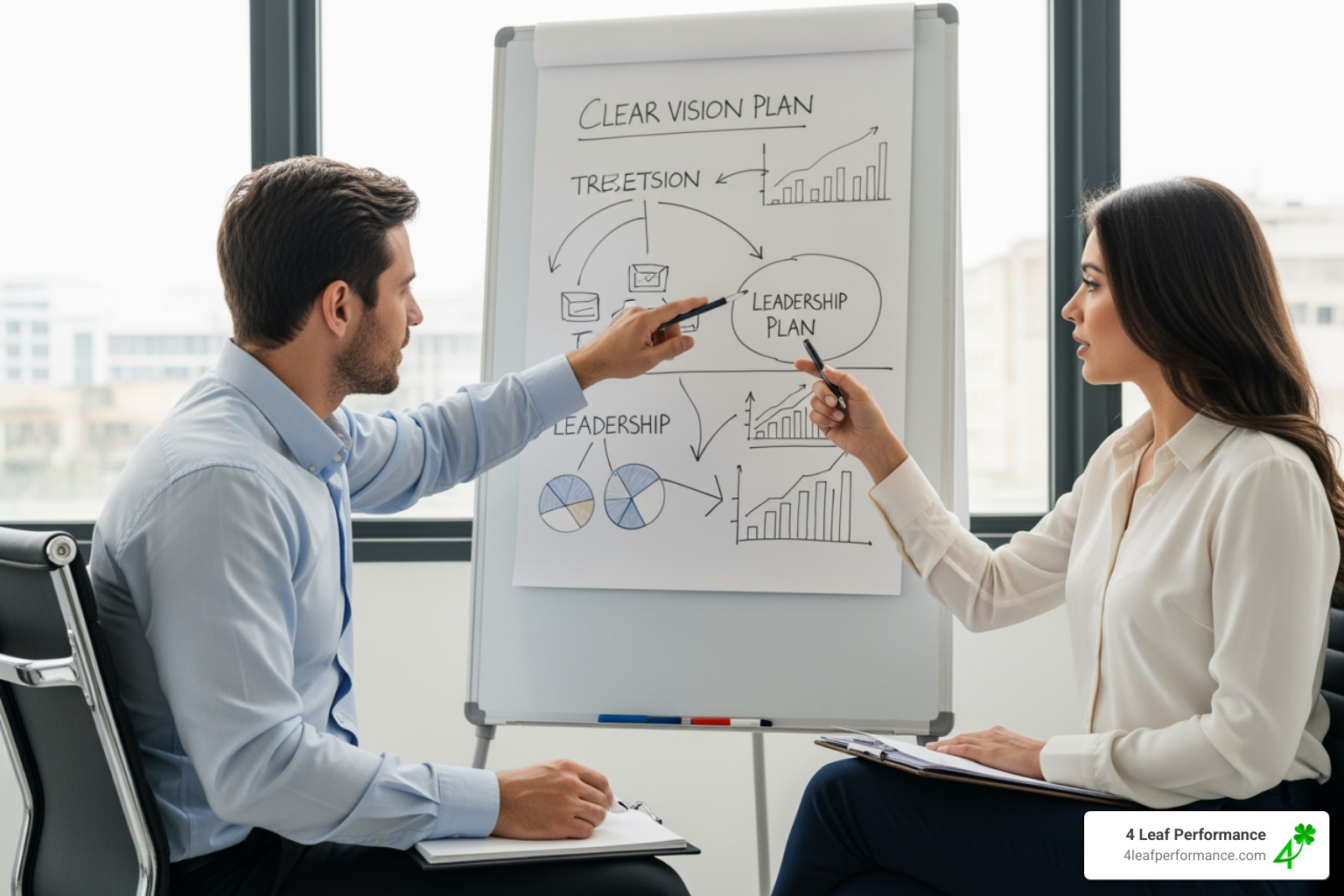 A leader sitting with a coach in a bright office, both looking at a whiteboard with a clear vision plan - Transformational leadership coaching