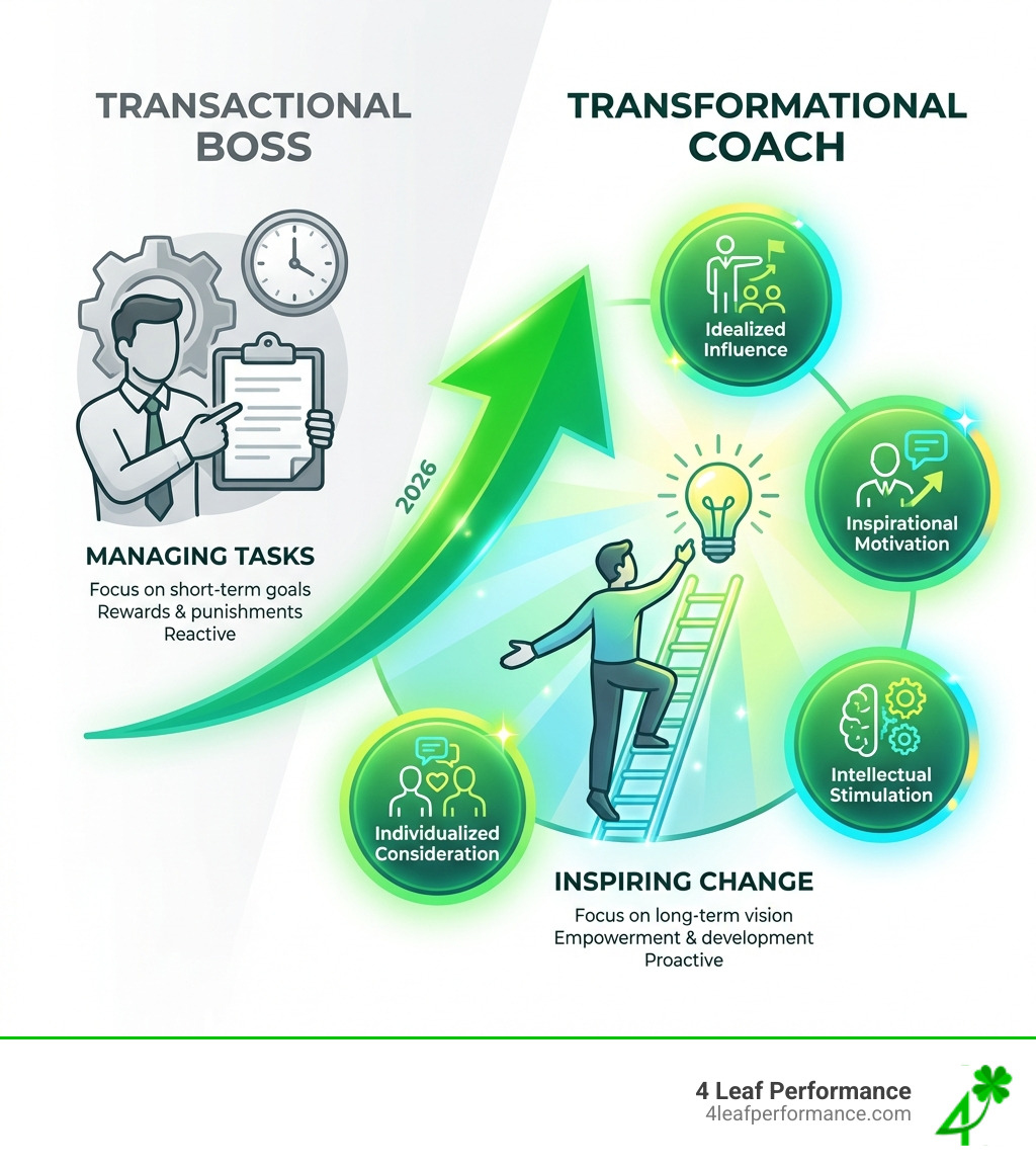 infographic showing the shift from transactional boss to transformational coach, including the four I's of transformational leadership and the difference between managing tasks versus inspiring change - Transformational leadership coaching infographic 