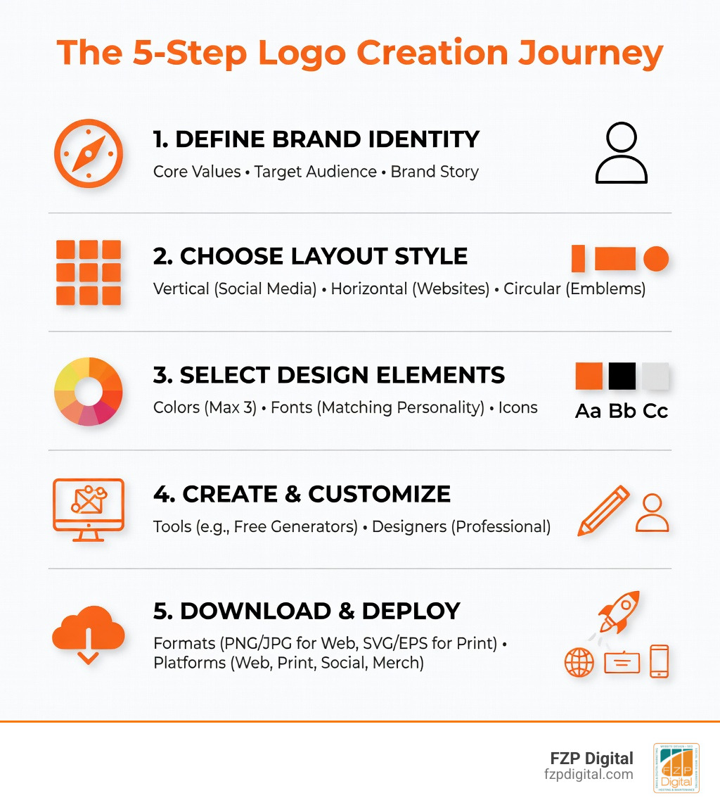 Infographic showing the 5-step logo creation journey: 1. Define Brand Identity (values, audience, story), 2. Choose Layout Style (vertical, horizontal, circular), 3. Select Design Elements (colors, fonts, icons), 4. Create and Customize (using tools or designers), 5. Download and Deploy (proper file formats across all platforms) - create a logo infographic Infographic showing the 5-step logo creation journey: 1. Define Brand Identity (values, audience, story), 2. Choose Layout Style (vertical, horizontal, circular), 3. Select Design Elements (colors, fonts, icons), 4. Create and Customize (using tools or designers), 5. Download and Deploy (proper file formats across all platforms) - create a logo infographic