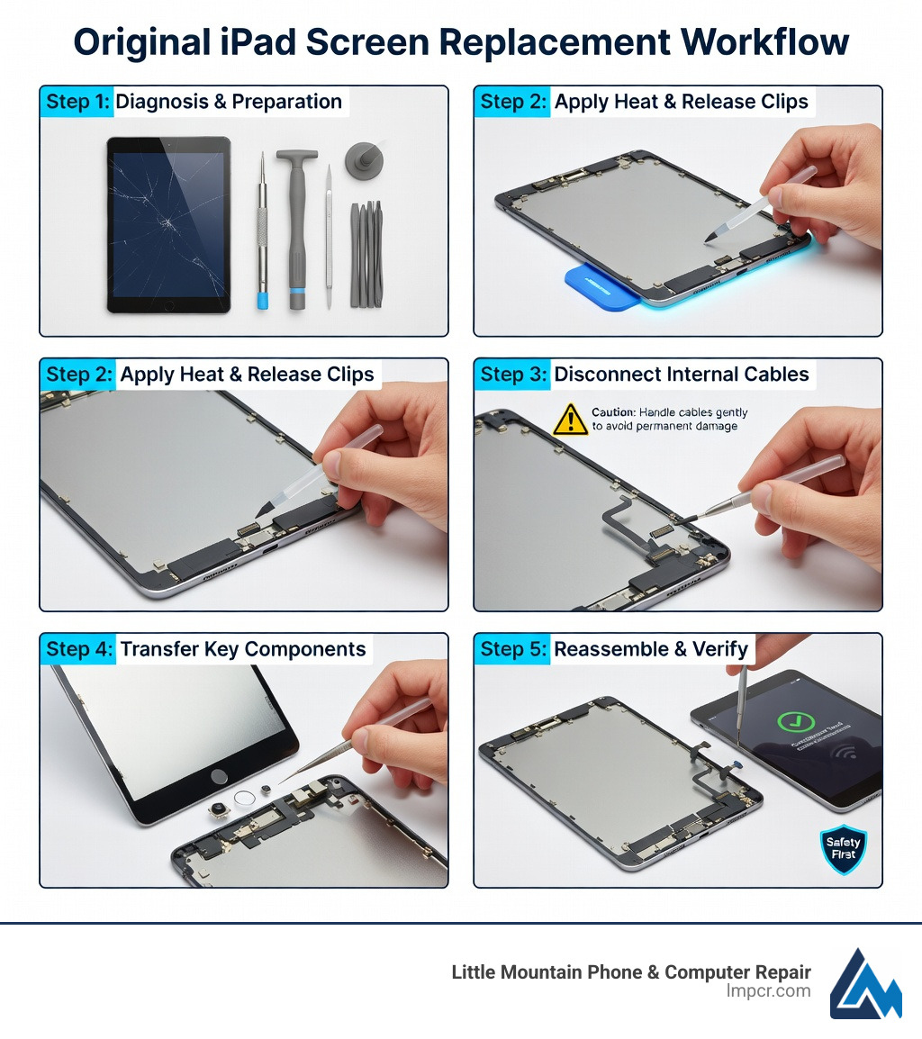 Original iPad screen replacement workflow infographic showing steps from diagnosis through heating adhesive, releasing clips, disconnecting cables, transferring components, and final reassembly with safety warnings - Original iPad screen replacement infographic 