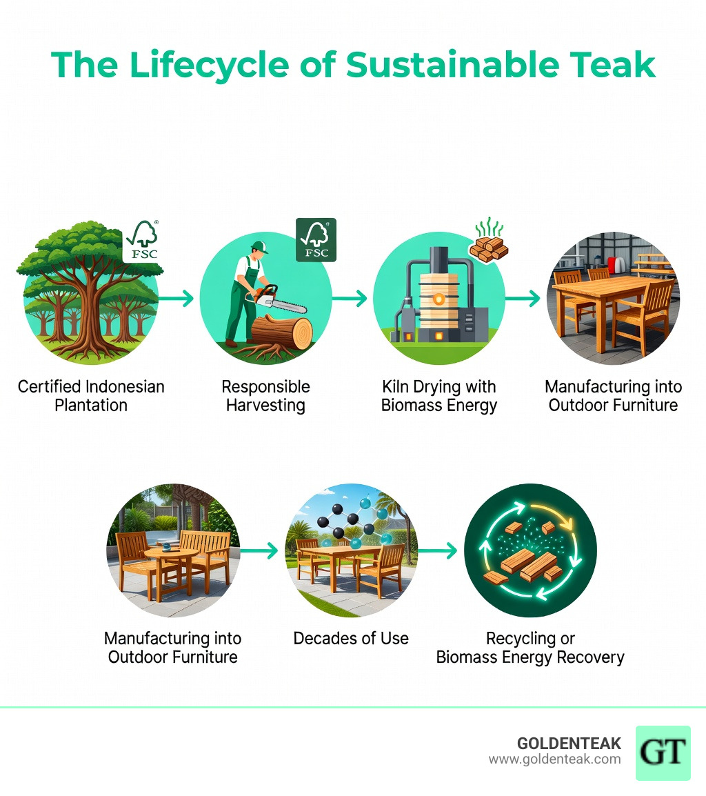Infographic showing the lifecycle of sustainable teak from certified Indonesian plantation through responsible harvesting, kiln drying with biomass energy, manufacturing into outdoor furniture, decades of use storing carbon, and eventual recycling or biomass energy recovery - teak wood sustainable infographic 