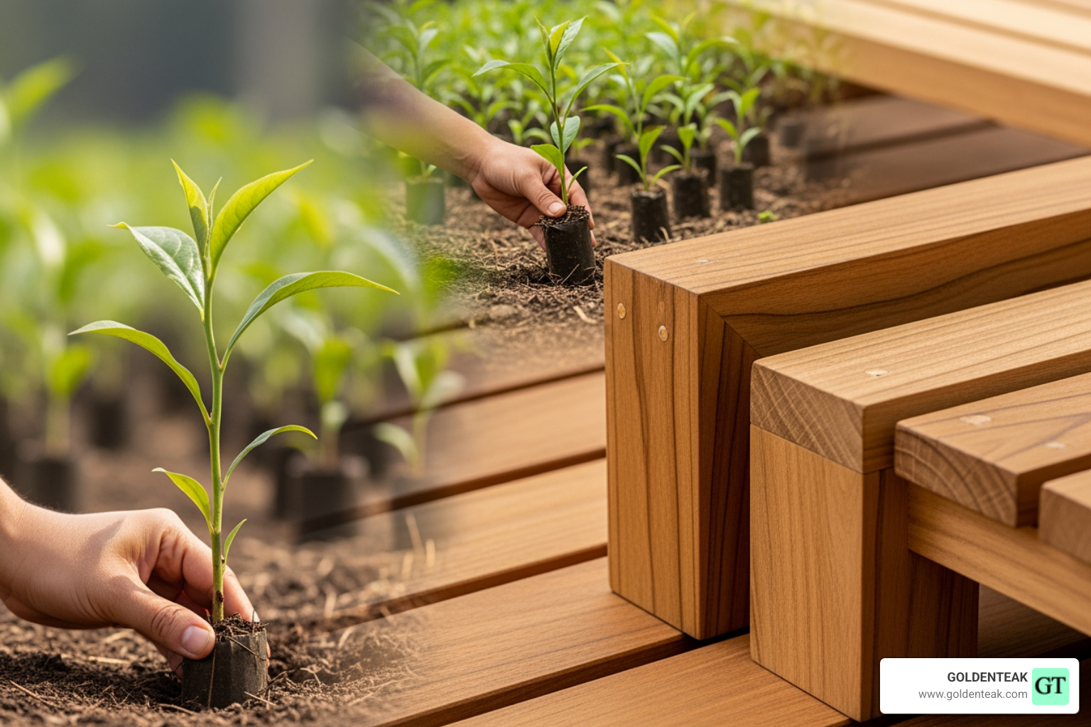 A managed teak plantation in Indonesia showing rows of mature trees with local crops growing in between - teak wood sustainable