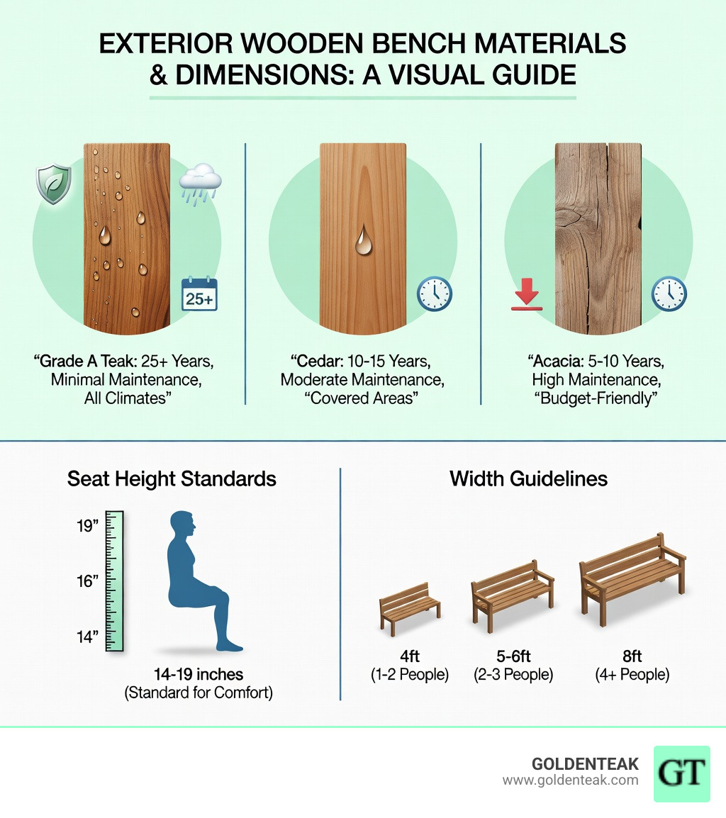 Infographic comparing exterior wooden bench materials showing teak's superior weather resistance, natural rot protection, and 25+ year lifespan versus cedar's 10-15 years and acacia's 5-10 years, plus seat height standards of 14-19 inches and width guidelines of 4ft for 1-2 people up to 8ft for 4+ people - exterior wooden bench infographic 