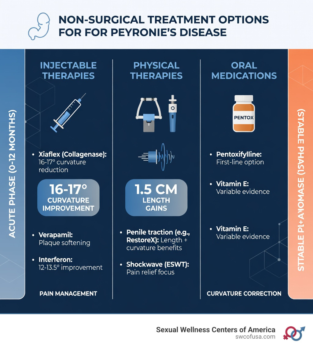 Infographic showing the main non-surgical treatment categories for Peyronie's disease: Injectable therapies (Xiaflex, Verapamil, Interferon) with 16-17 degree curvature improvement; Physical therapies (Penile traction devices, Shockwave therapy) with 1.5 cm length gains; and Oral medications (Pentoxifylline, Vitamin E) with variable evidence. Chart includes acute phase (0-12 months) focusing on pain management versus stable phase (12+ months) targeting curvature correction. - non surgical treatment for peyronie's disease infographic Infographic showing the main non-surgical treatment categories for Peyronie's disease: Injectable therapies (Xiaflex, Verapamil, Interferon) with 16-17 degree curvature improvement; Physical therapies (Penile traction devices, Shockwave therapy) with 1.5 cm length gains; and Oral medications (Pentoxifylline, Vitamin E) with variable evidence. Chart includes acute phase (0-12 months) focusing on pain management versus stable phase (12+ months) targeting curvature correction. - non surgical treatment for peyronie's disease infographic