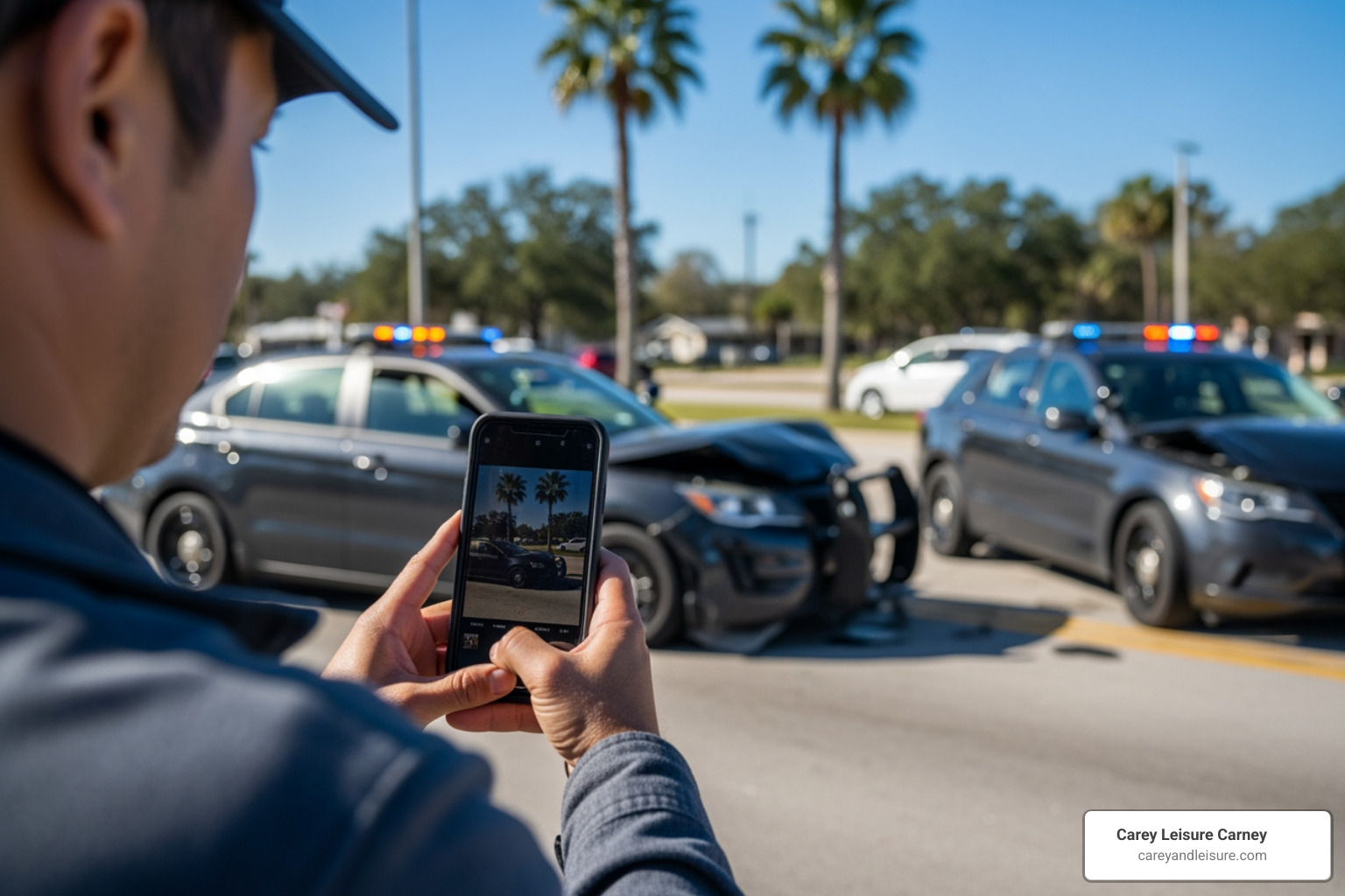 Driver documenting vehicle damage at a crash scene in Clearwater - Clearwater auto accident lawyer