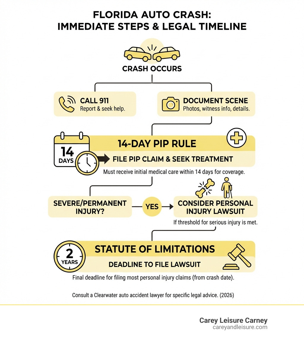 Infographic showing Florida's 14-day PIP rule, immediate post-crash steps including calling 911 and documenting the scene, when to file a personal injury lawsuit, and the two-year statute of limitations deadline - Clearwater auto accident lawyer infographic 