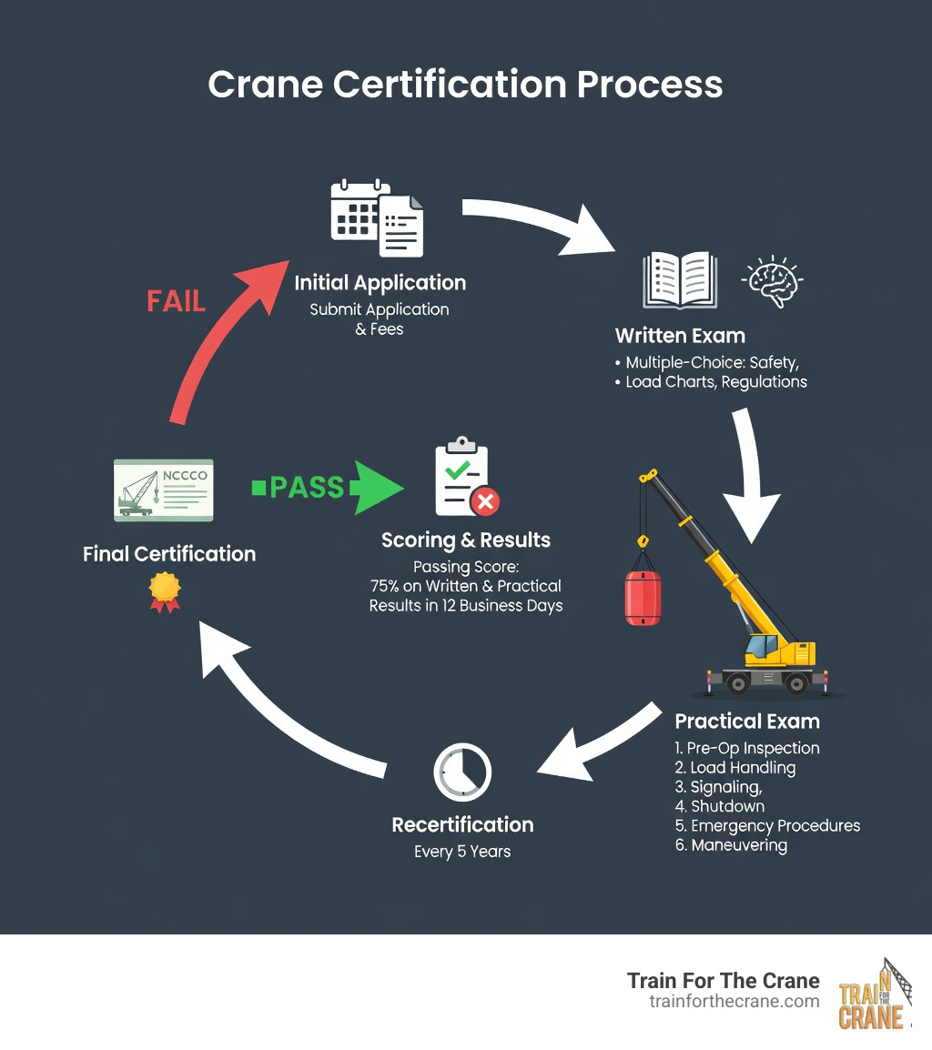 infographic showing the crane certification process from initial application through written exam, practical exam, scoring, and final certification with timelines and passing requirements at each stage - crane certification test infographic 