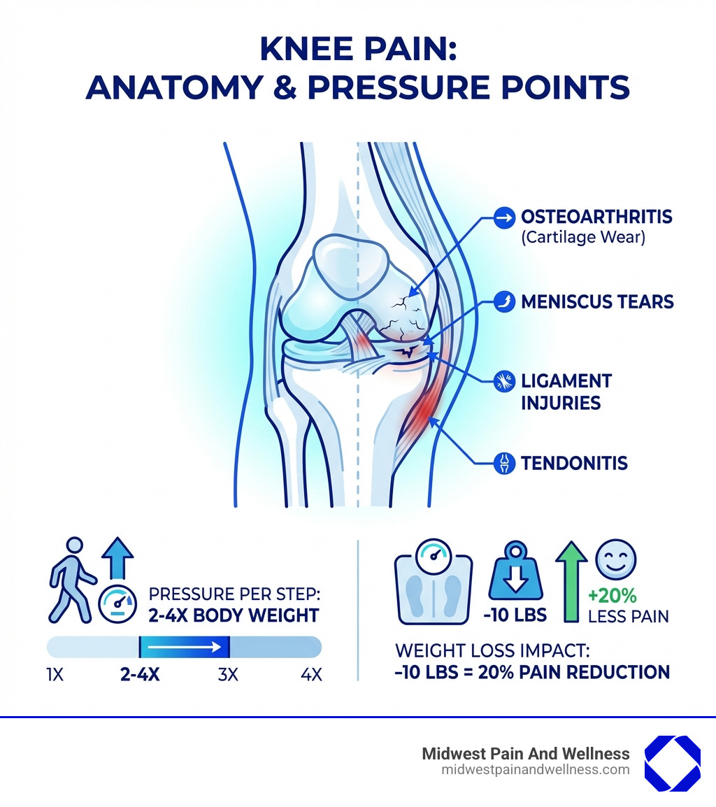 infographic showing knee anatomy with labels for common pain sources including osteoarthritis cartilage wear, meniscus tears, ligament injuries, tendonitis, and pressure distribution through the joint with statistics showing 2-4x body weight per step and 20% pain reduction per 10 pounds of weight loss - How to reduce knee pain? infographic infographic showing knee anatomy with labels for common pain sources including osteoarthritis cartilage wear, meniscus tears, ligament injuries, tendonitis, and pressure distribution through the joint with statistics showing 2-4x body weight per step and 20% pain reduction per 10 pounds of weight loss - How to reduce knee pain? infographic