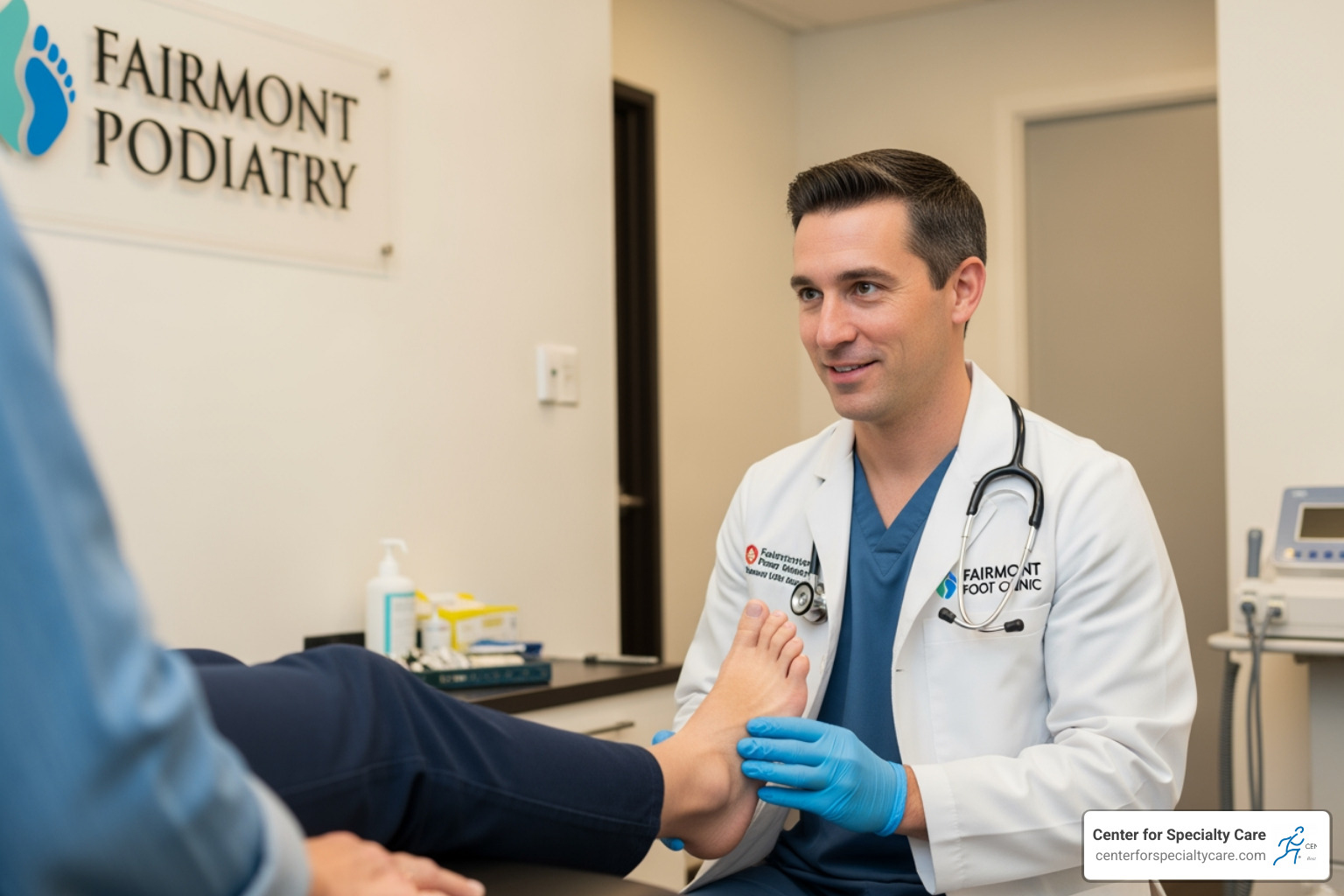 podiatry consultation with a patient discussing foot health - podiatrist fairmont