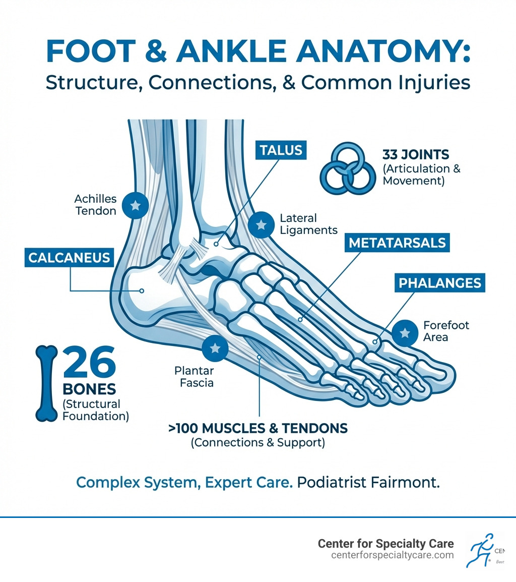 Comprehensive infographic showing foot and ankle anatomy with labeled bones (talus, calcaneus, metatarsals, phalanges), common injury locations, and connections between the 26 bones, 33 joints, and over 100 muscles and tendons that make up the foot structure - podiatrist fairmont infographic 