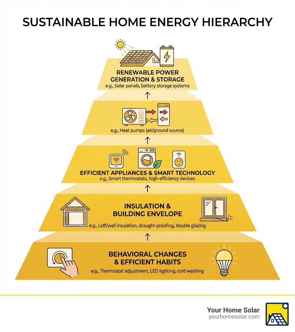 Infographic showing the sustainable home energy hierarchy: starting with behavioral changes and efficient habits at the base, moving up through insulation and building envelope improvements, then efficient appliances and smart technology, followed by renewable heating systems like heat pumps, and finally renewable power generation with solar panels and battery storage at the top - sustainable home energy infographic Infographic showing the sustainable home energy hierarchy: starting with behavioral changes and efficient habits at the base, moving up through insulation and building envelope improvements, then efficient appliances and smart technology, followed by renewable heating systems like heat pumps, and finally renewable power generation with solar panels and battery storage at the top - sustainable home energy infographic