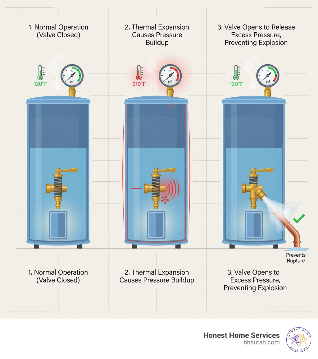 Infographic showing how a pressure relief valve prevents tank explosions: normal operation with valve closed, thermal expansion causing pressure buildup, valve opening at 150 psi or 210°F to release excess pressure through discharge pipe, preventing tank rupture and explosion - electric water heater pressure relief valve leaking infographic 