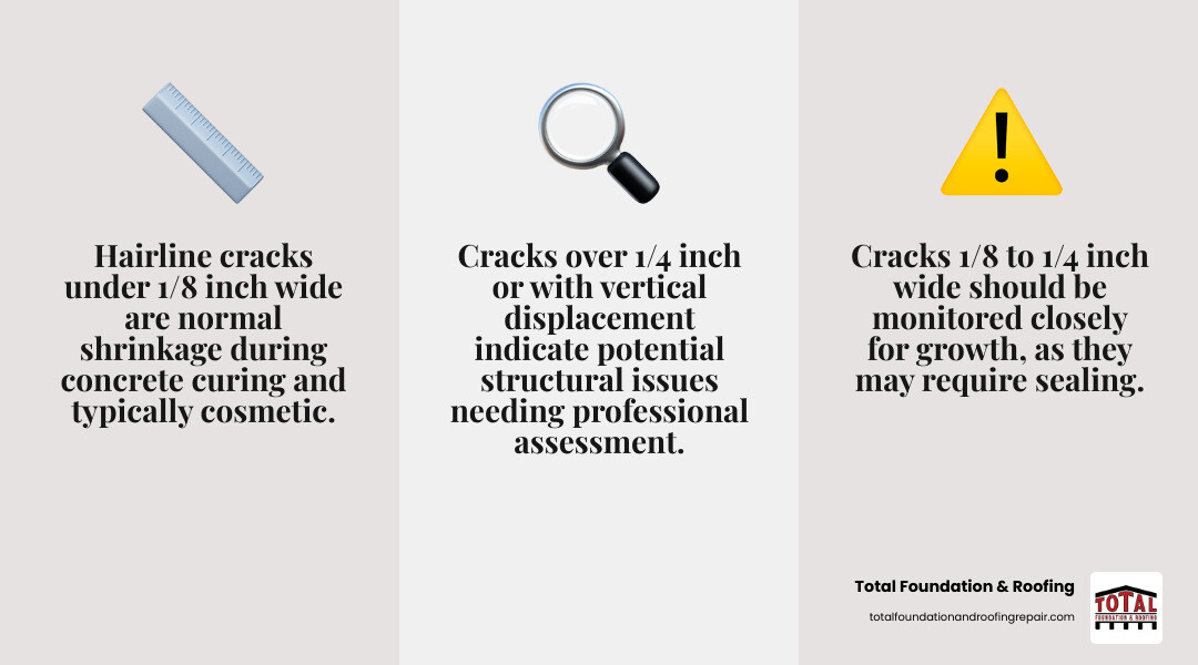 Infographic showing garage floor crack types: hairline cracks under 1/8 inch labeled as normal shrinkage, cracks 1/8 to 1/4 inch labeled as monitor closely, cracks over 1/4 inch labeled as potential concern, and uneven cracks with vertical displacement labeled as structural issue requiring professional assessment - Garage floor cracks infographic 3_facts_emoji_grey