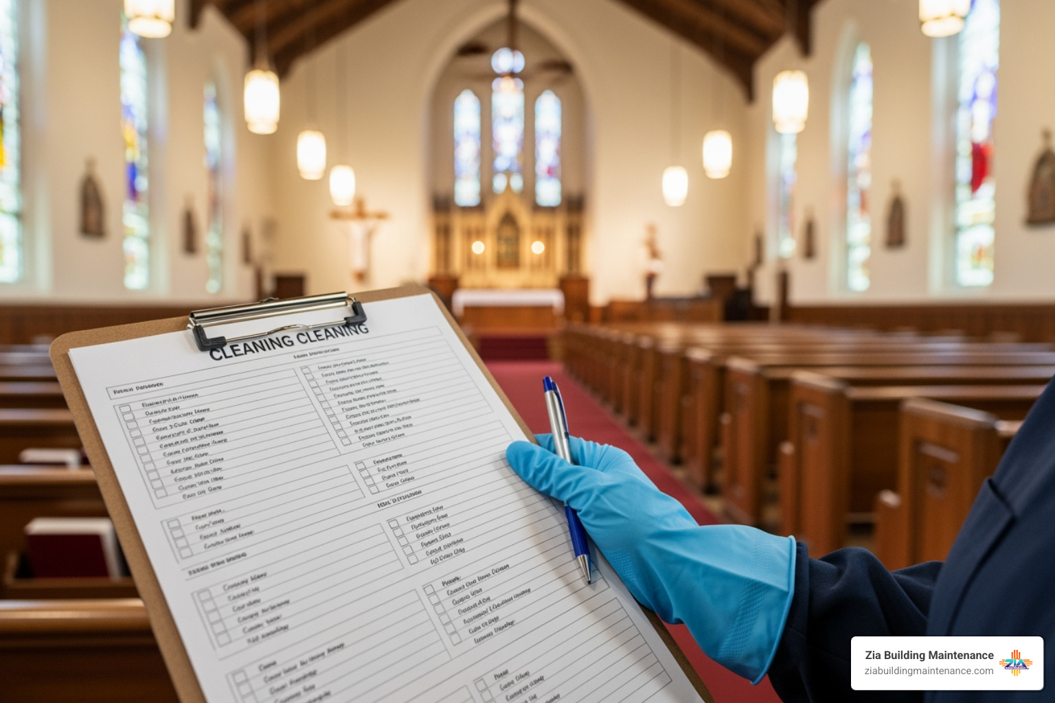 A detailed cleaning checklist on a clipboard being used in a church setting - church cleaning contract A detailed cleaning checklist on a clipboard being used in a church setting - church cleaning contract