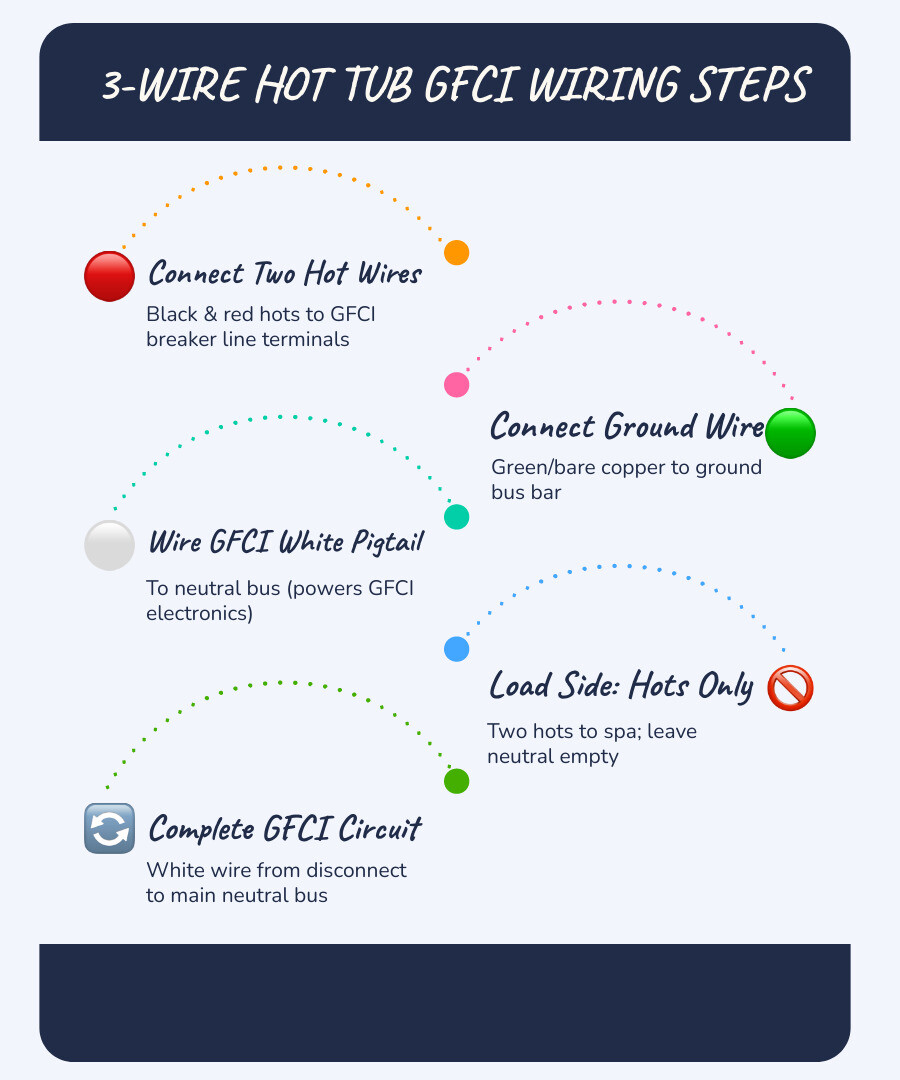 Infographic showing 3-wire hot tub GFCI wiring diagram with two hot wires from main panel to GFCI breaker, GFCI white pigtail to neutral bus, ground wire to ground bus, and load side with only two hots and ground running to spa with no neutral connection - 3 wire hot tub gfci infographic infographic-line-5-steps-blues-accent_colors Infographic showing 3-wire hot tub GFCI wiring diagram with two hot wires from main panel to GFCI breaker, GFCI white pigtail to neutral bus, ground wire to ground bus, and load side with only two hots and ground running to spa with no neutral connection - 3 wire hot tub gfci infographic infographic-line-5-steps-blues-accent_colors