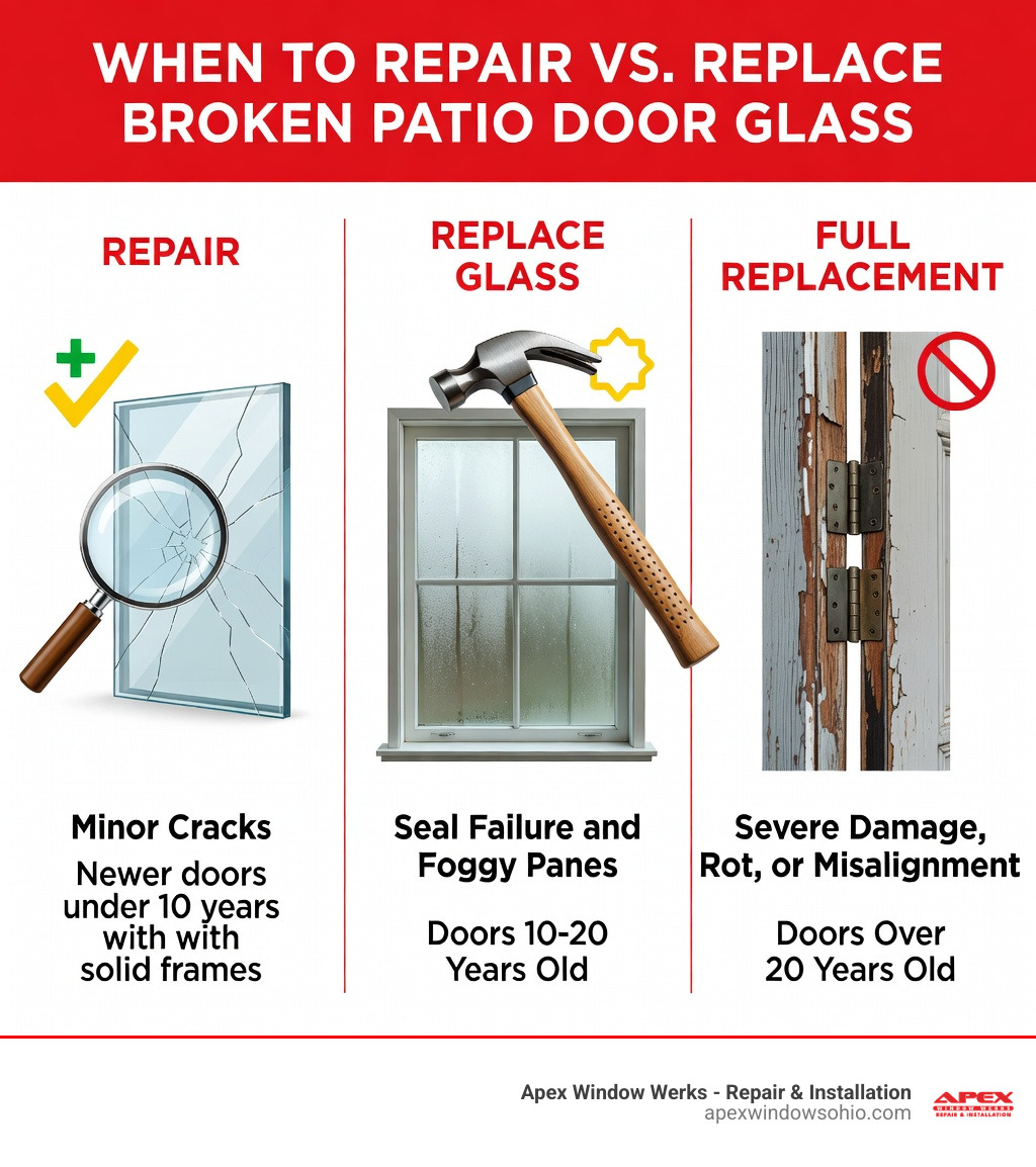 Infographic showing when to repair vs replace broken patio door glass: repair for minor cracks and newer doors under 10 years with solid frames; replace glass only for seal failure and foggy panes on doors 10-20 years old; full door replacement for severe damage, doors over 20 years, or when frame shows rot or misalignment - broken patio door glass infographic 