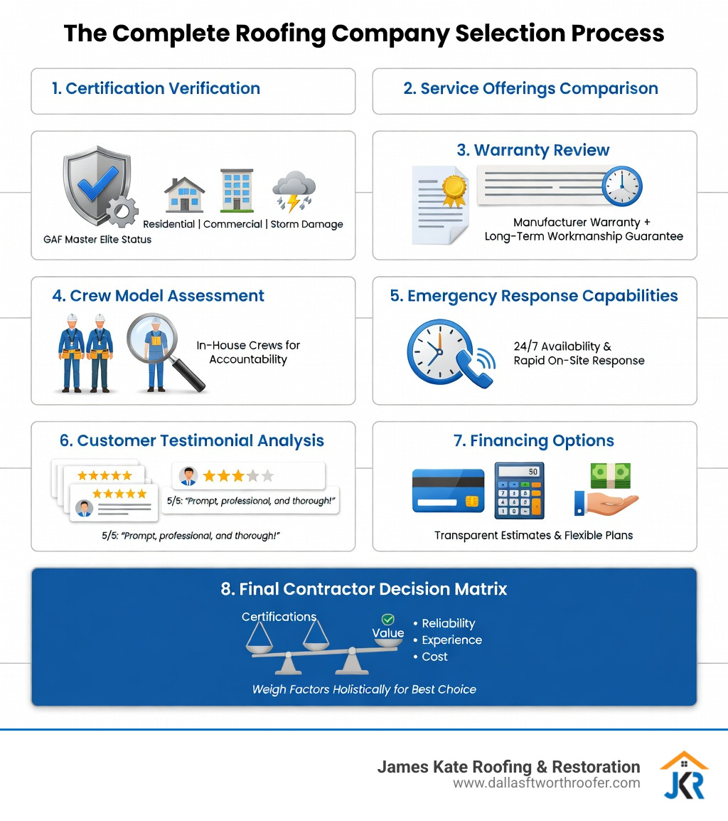 infographic showing the complete roofing company selection process including certification verification, service offerings comparison, warranty review, crew model assessment, emergency response capabilities, customer testimonial analysis, financing options, and final contractor decision matrix - roofing company infographic infographic showing the complete roofing company selection process including certification verification, service offerings comparison, warranty review, crew model assessment, emergency response capabilities, customer testimonial analysis, financing options, and final contractor decision matrix - roofing company infographic