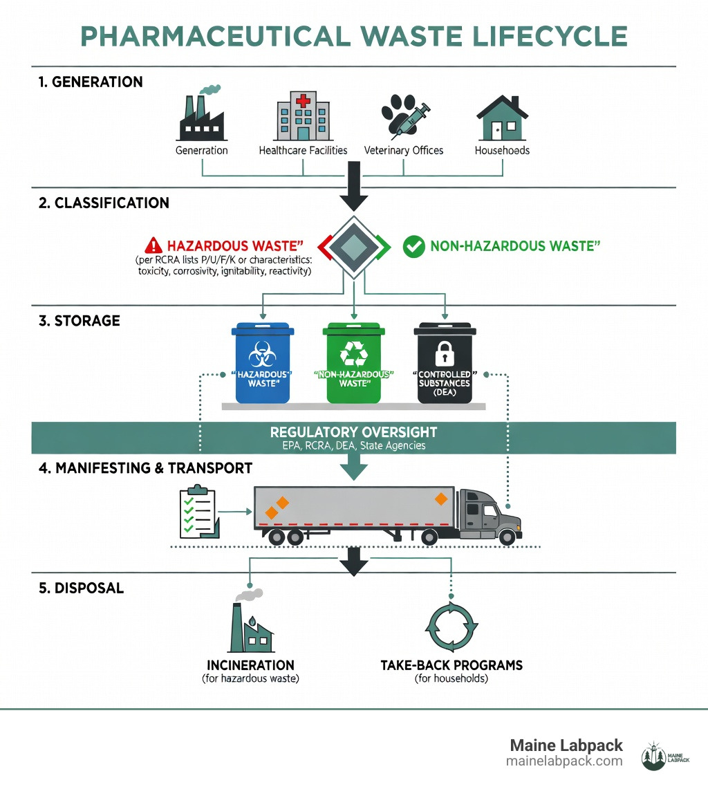 infographic showing the lifecycle of pharmaceutical waste from generation at manufacturing plants, healthcare facilities, veterinary offices and households through classification as hazardous or non-hazardous, proper storage in color-coded containers, manifesting and transport by licensed carriers, to final disposal via incineration or take-back programs, with regulatory oversight by EPA, RCRA, DEA and state agencies at each stage - pharmaceutical waste infographic infographic showing the lifecycle of pharmaceutical waste from generation at manufacturing plants, healthcare facilities, veterinary offices and households through classification as hazardous or non-hazardous, proper storage in color-coded containers, manifesting and transport by licensed carriers, to final disposal via incineration or take-back programs, with regulatory oversight by EPA, RCRA, DEA and state agencies at each stage - pharmaceutical waste infographic