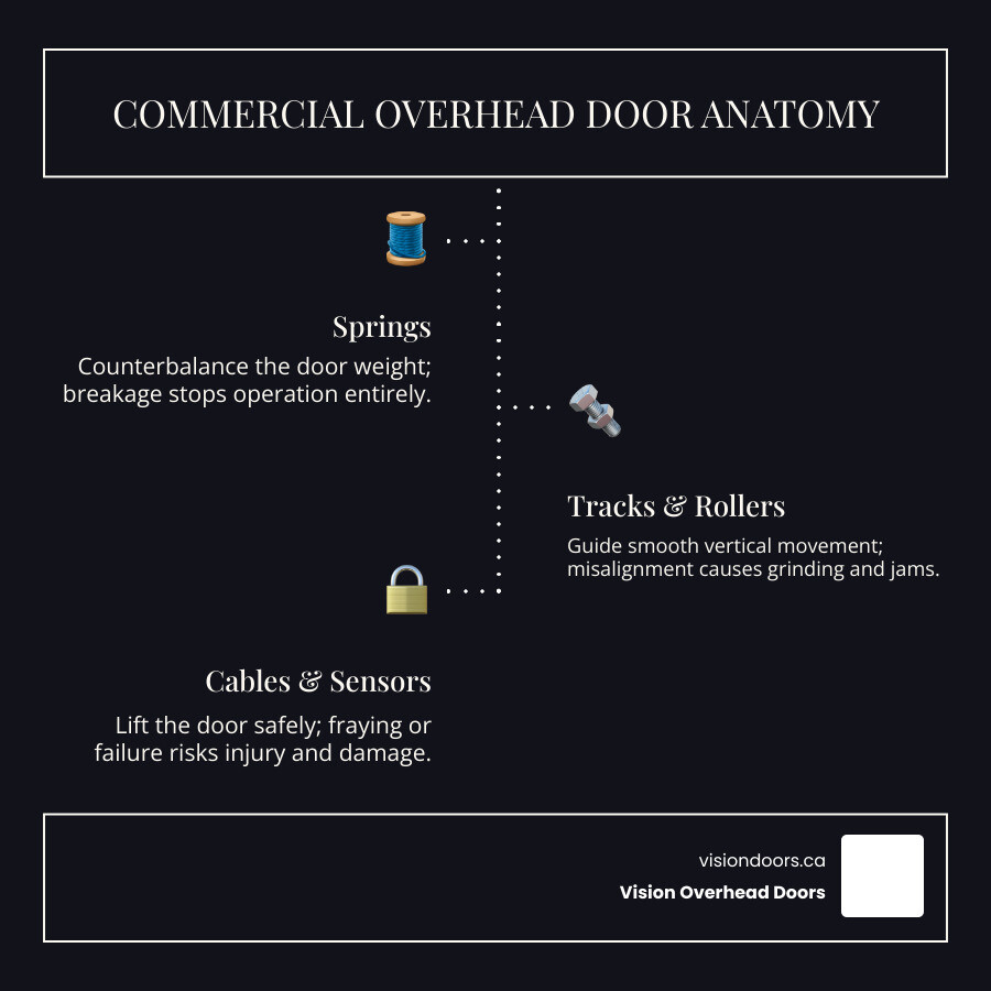 infographic showing commercial overhead door anatomy including springs, tracks, rollers, cables, opener mechanism, safety sensors, and insulation panels with common failure points highlighted - commercial overhead door repair near me in vernon, bc infographic infographic-line-3-steps-dark Commercial overhead door anatomy diagram highlighting springs, tracks and rollers, cables and sensors, emphasizing their roles in safe and efficient door operation for businesses.