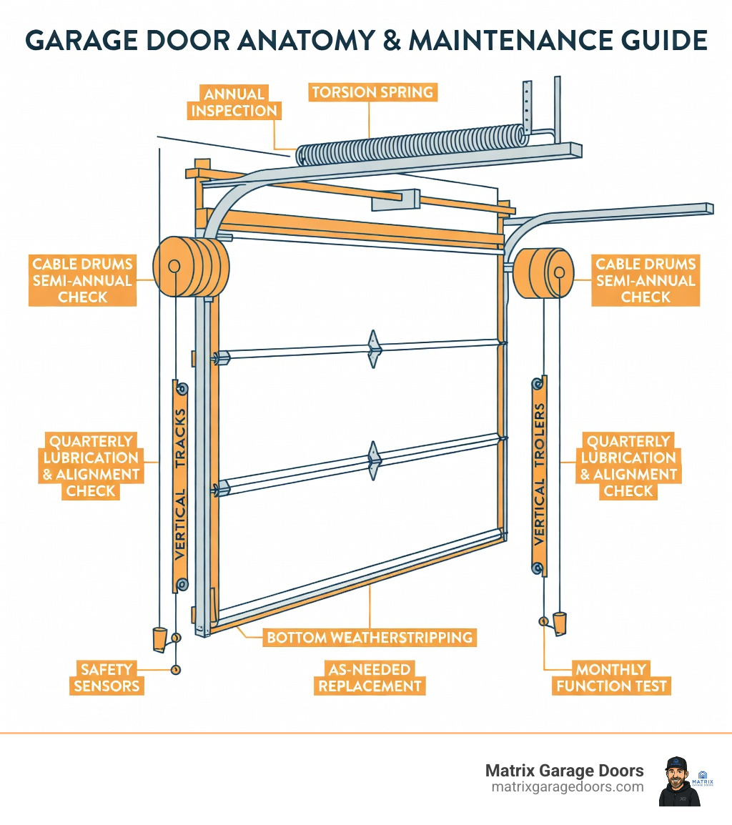 Infographic showing garage door anatomy with labeled components: torsion springs at top, cable drums on sides, vertical tracks with rollers, bottom weatherstripping, and safety sensors at floor level, plus maintenance frequency recommendations for each part - garage door maintenance tune up infographic 