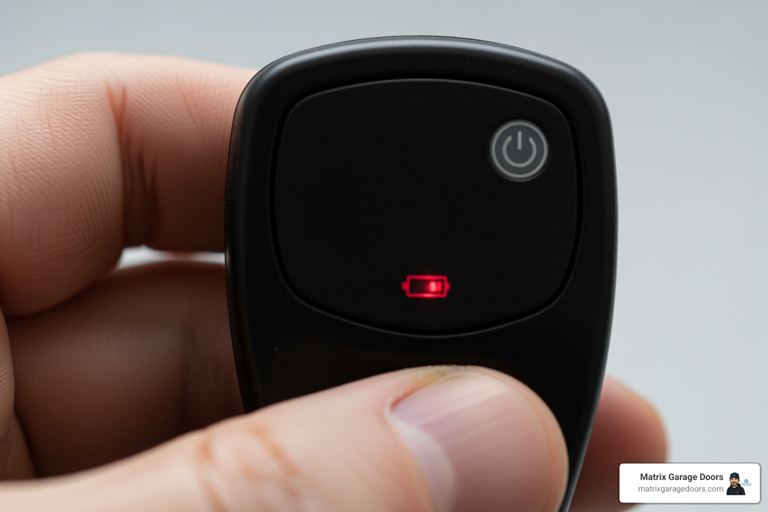 A hand holding a garage door remote where the LED light is barely visible or dim, indicating a low battery - garage door remote battery