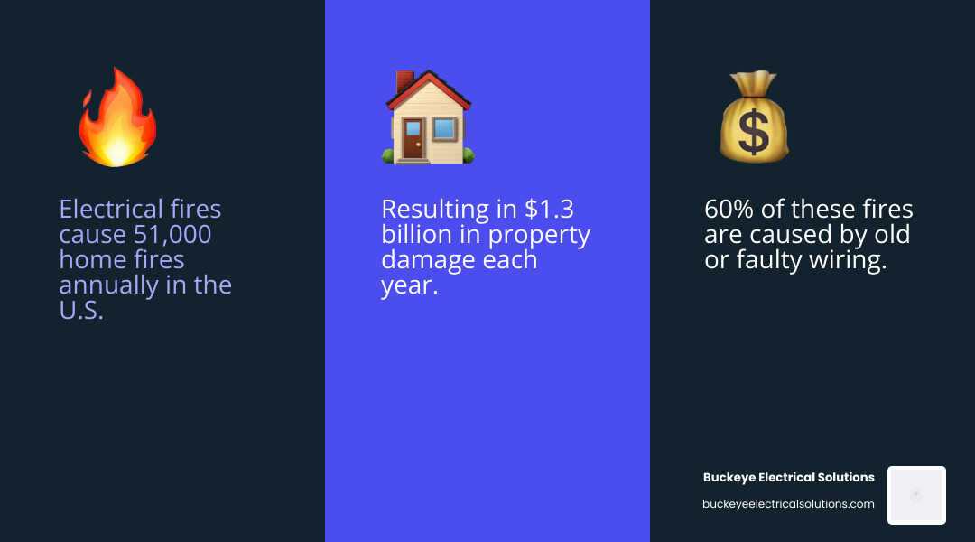 Infographic showing electrical fire statistics: 51,000 annual fires from electrical causes, 60% caused by old or faulty wiring, $1.3 billion in property damage yearly, with icons representing the main causes including outdated knob-and-tube wiring, aluminum wiring, overloaded circuits, and homes built before 1980 at highest risk - redoing home electrical wiring infographic 3_facts_emoji_blue