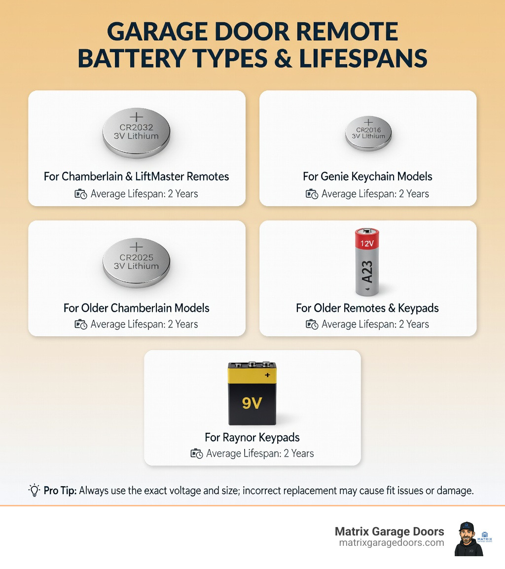 infographic showing five common garage door remote battery types with images: CR2032 coin cell labeled 3V for Chamberlain and LiftMaster, CR2016 smaller coin cell labeled 3V for Genie keychain models, CR2025 medium coin cell labeled 3V for older Chamberlain, A23 cylindrical battery labeled 12V for older remotes and keypads, and 9V rectangular battery labeled 9V for Raynor keypads, with average 2-year lifespan noted for each - garage door remote battery infographic 