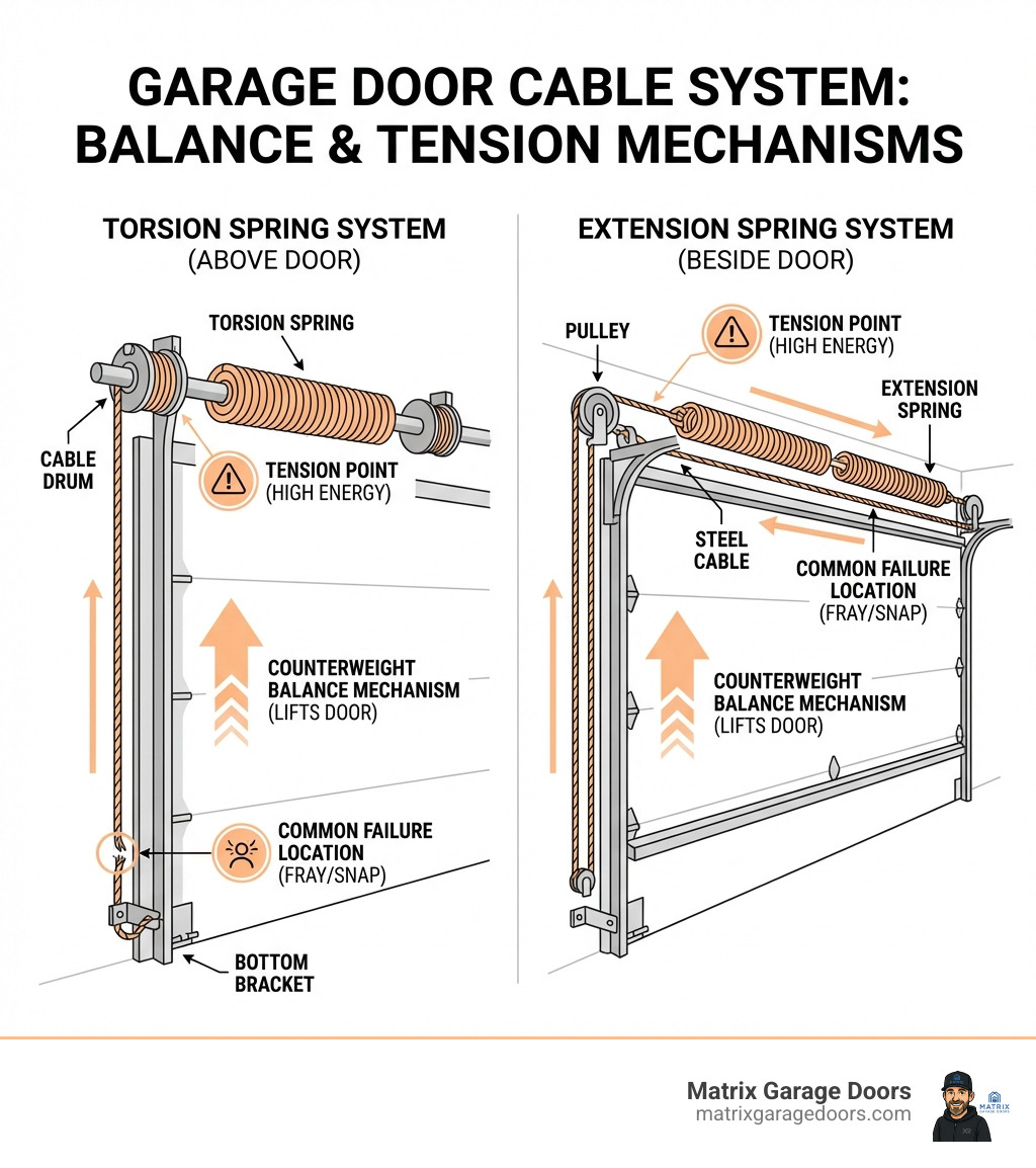 Infographic showing the garage door cable system: steel cables running from bottom brackets through pulleys or around drums, connected to torsion or extension springs mounted above or beside the door, with labels indicating tension points, common failure locations, and the counterweight balance mechanism - replace garage door cable infographic 