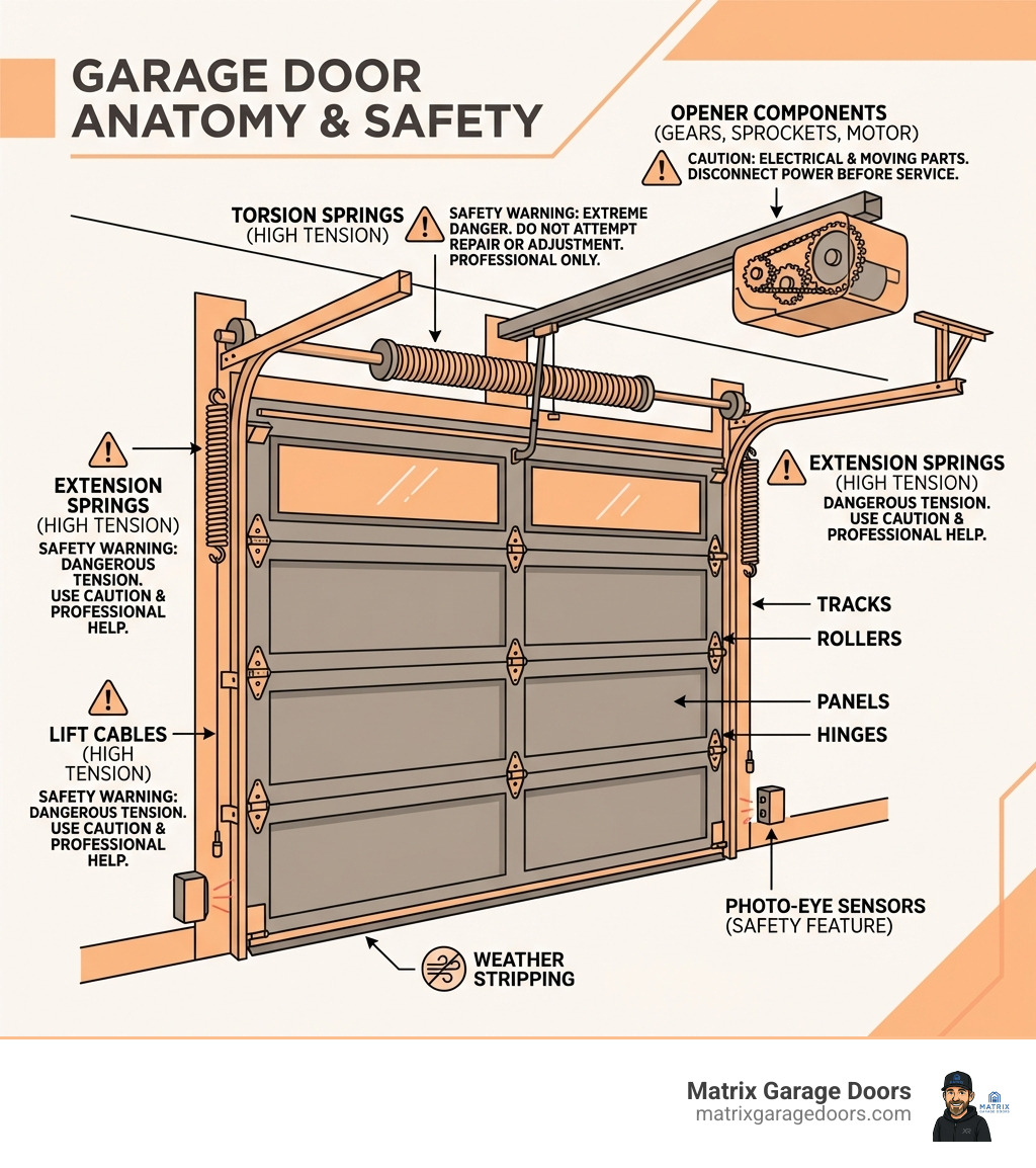 infographic showing garage door anatomy with labeled parts including torsion springs, extension springs, rollers, hinges, tracks, cables, weather stripping, panels, and opener components with safety warnings for high-tension parts - Garage Door Part Repair & Replacement infographic 