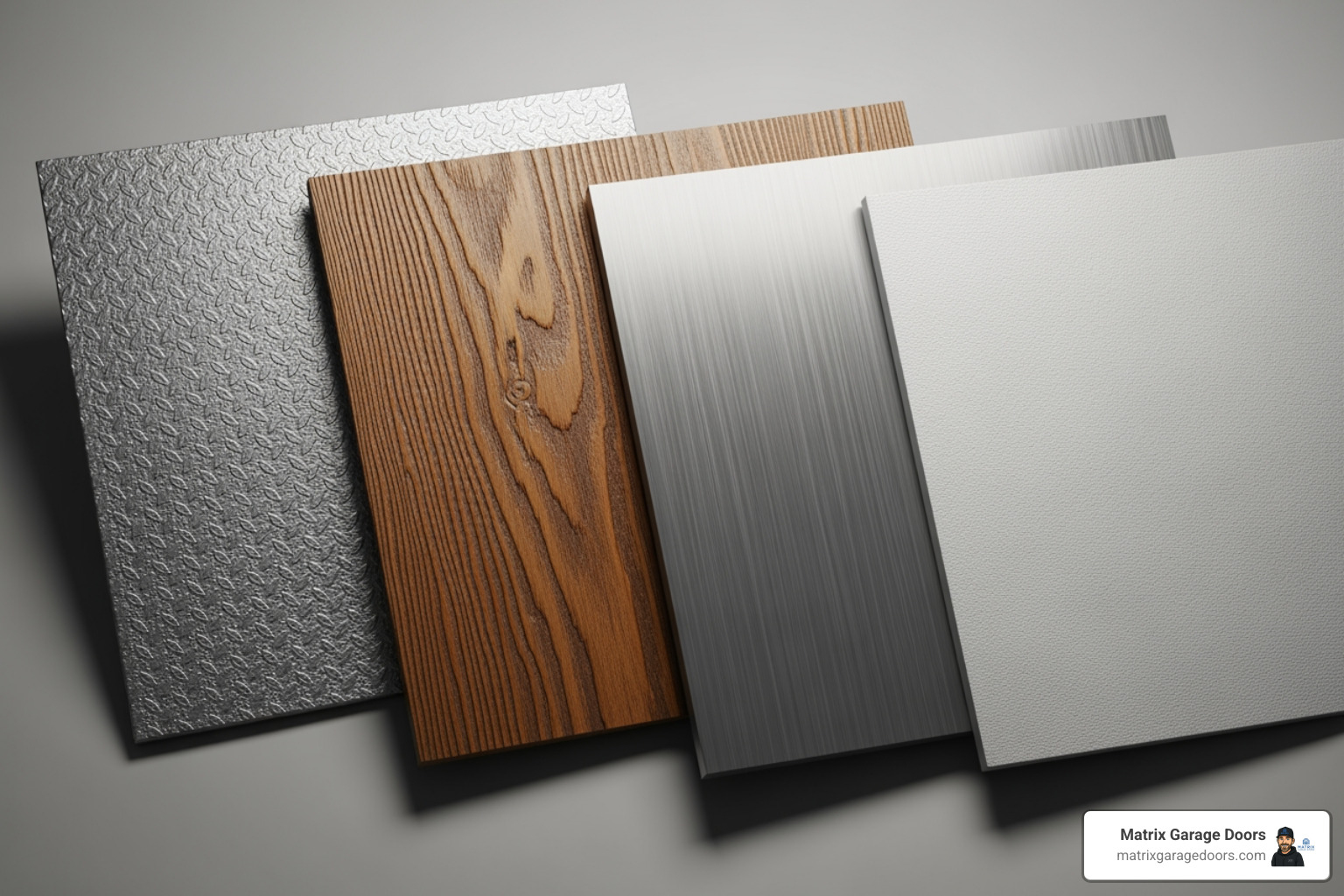 various garage door material swatches showing steel, wood, aluminum, and fiberglass textures - Dublin garage door installation