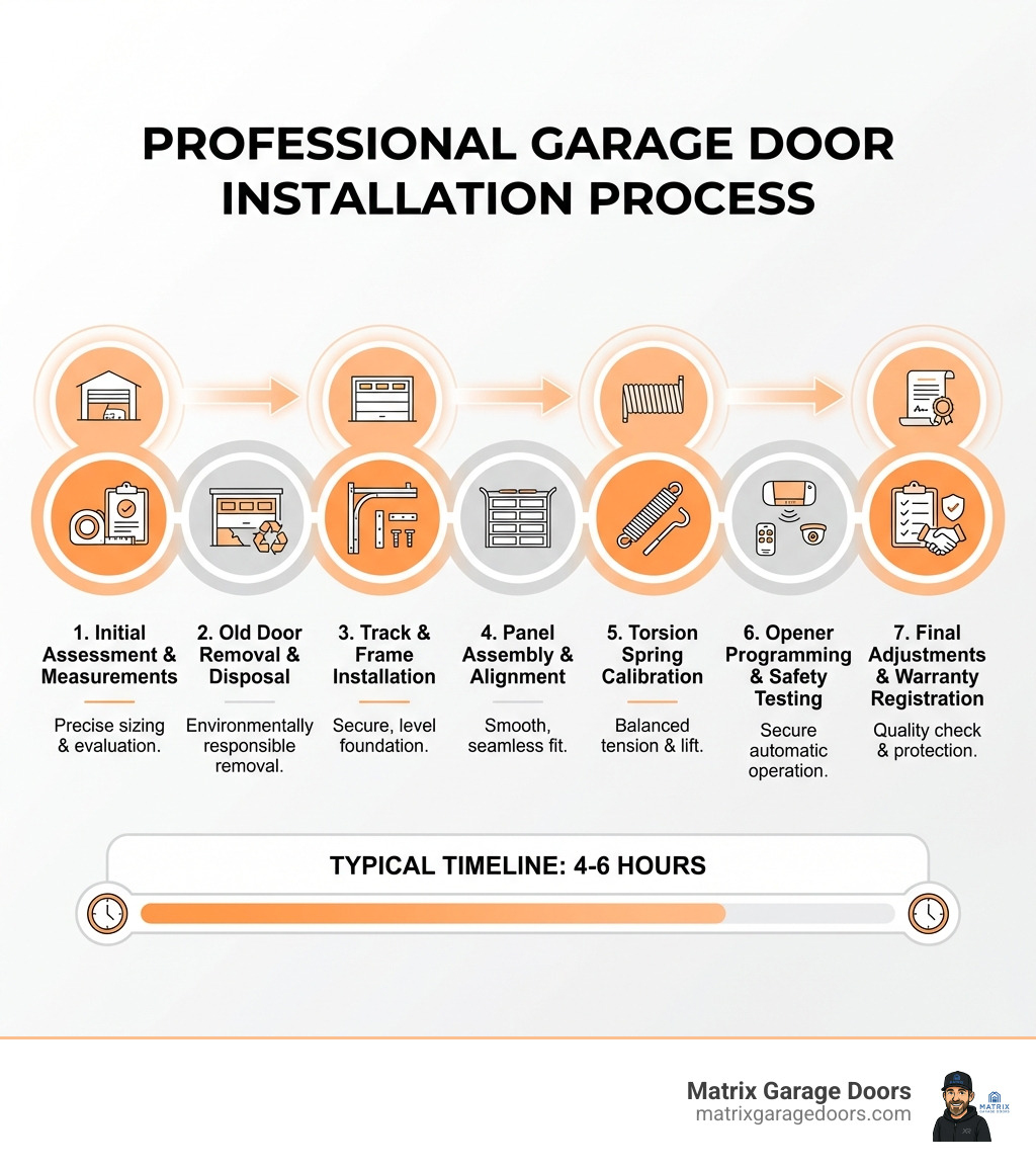 infographic showing the professional garage door installation process: 1. Initial assessment and measurements, 2. Old door removal and disposal, 3. Track and frame installation, 4. Panel assembly and alignment, 5. Torsion spring calibration, 6. Opener programming and safety testing, 7. Final adjustments and warranty registration - typical timeline 4-6 hours - Dublin garage door installation infographic 