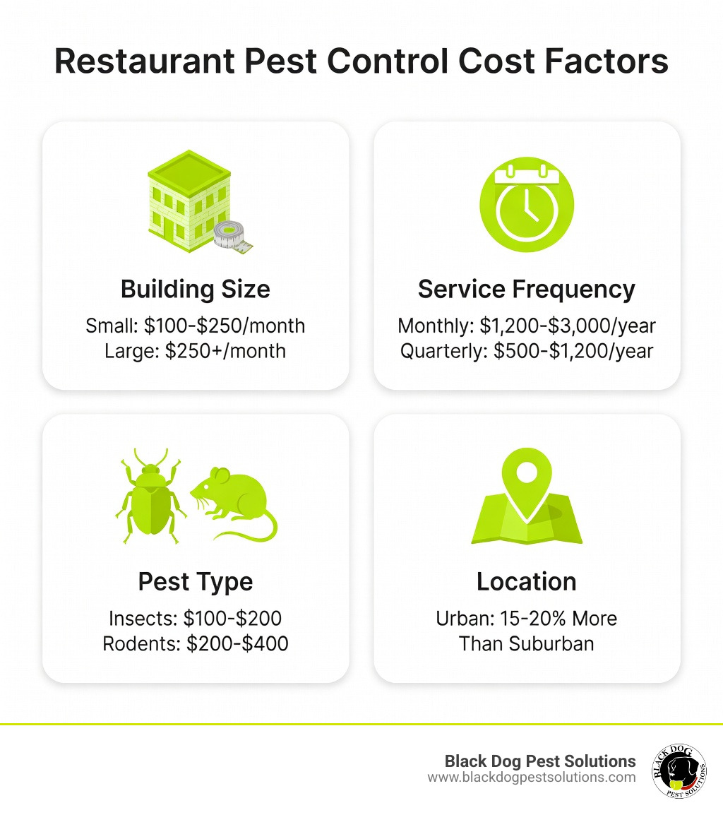 Infographic showing restaurant pest control cost factors: building size affects monthly fees ($100-$250 for small vs $250+ for large), service frequency determines annual spend (monthly $1,200-$3,000 vs quarterly $500-$1,200), pest type influences treatment cost (insects $100-$200 vs rodents $200-$400), and location impacts pricing (urban costs 15-20% more than suburban) - pest control for restaurant cost infographic Infographic showing restaurant pest control cost factors: building size affects monthly fees ($100-$250 for small vs $250+ for large), service frequency determines annual spend (monthly $1,200-$3,000 vs quarterly $500-$1,200), pest type influences treatment cost (insects $100-$200 vs rodents $200-$400), and location impacts pricing (urban costs 15-20% more than suburban) - pest control for restaurant cost infographic