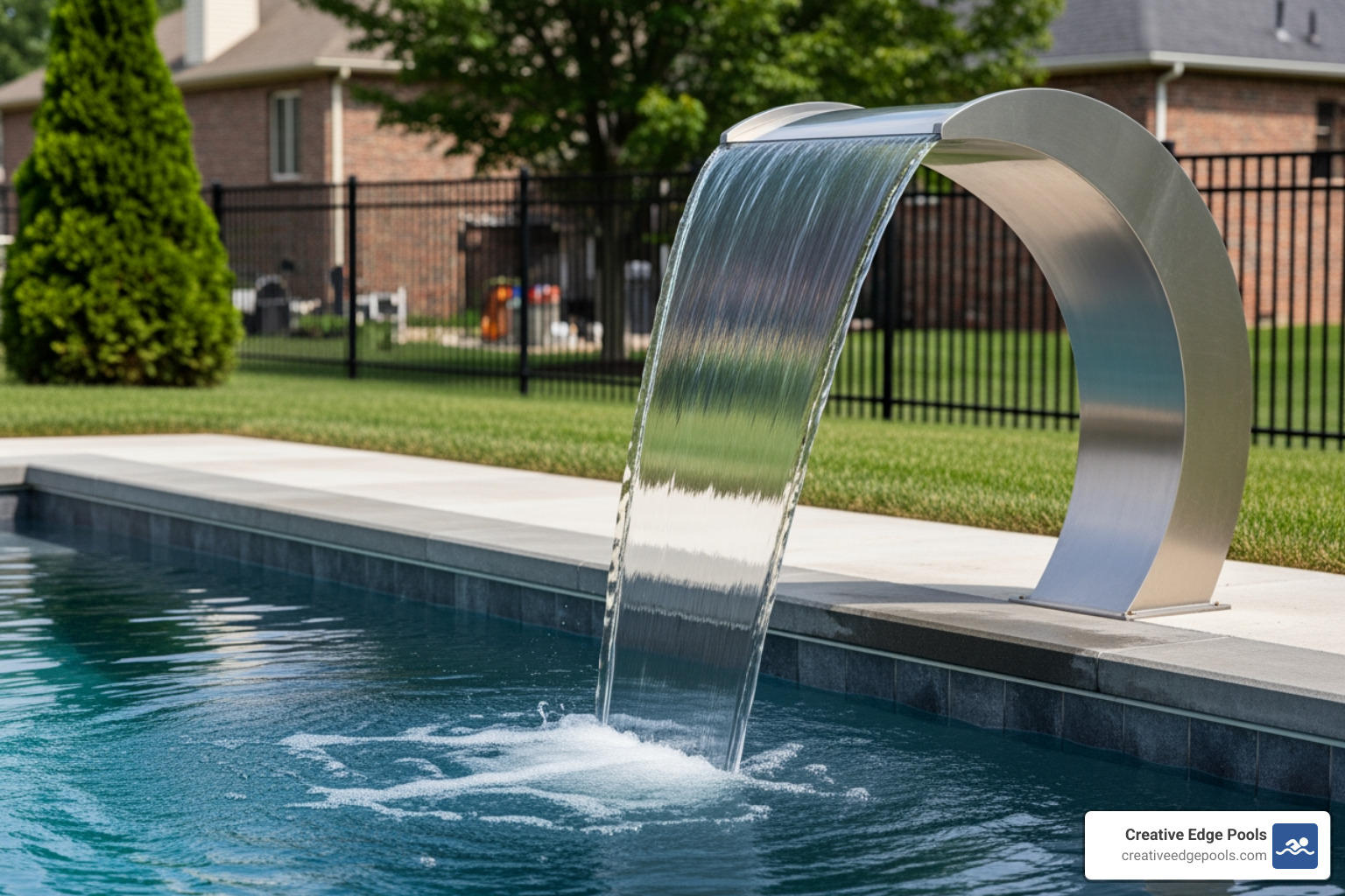 Modern sheet waterfall with sleek stainless steel finish - pool waterfall installation