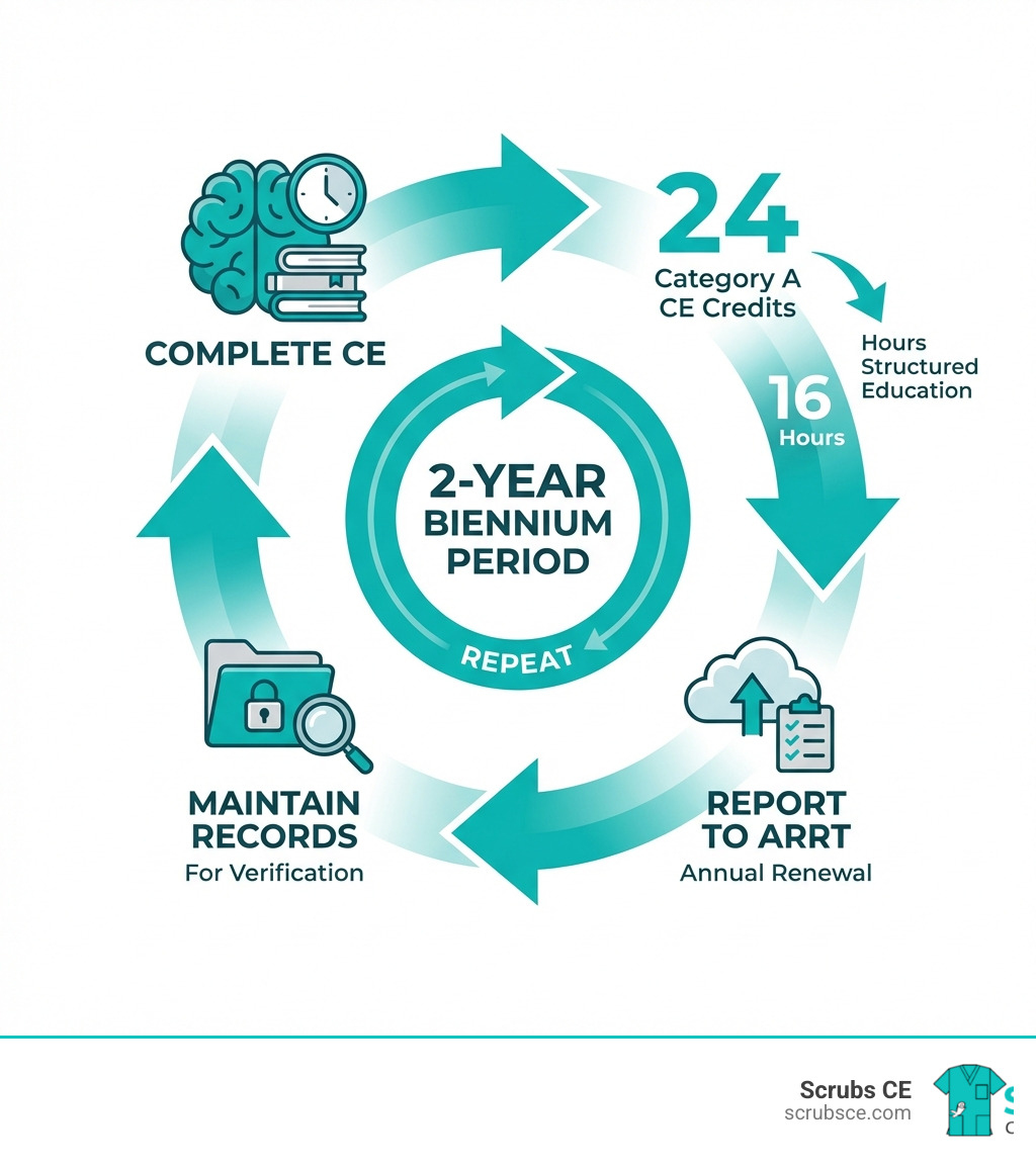 Infographic showing the Radiology CE credit cycle: Complete 24 Category A CE credits during each 2-year biennium period, including 16 hours of structured education, then report credits to ARRT during annual renewal, and maintain records for verification - free asrt approved ce credits infographic Infographic showing the Radiology CE credit cycle: Complete 24 Category A CE credits during each 2-year biennium period, including 16 hours of structured education, then report credits to ARRT during annual renewal, and maintain records for verification - free asrt approved ce credits infographic