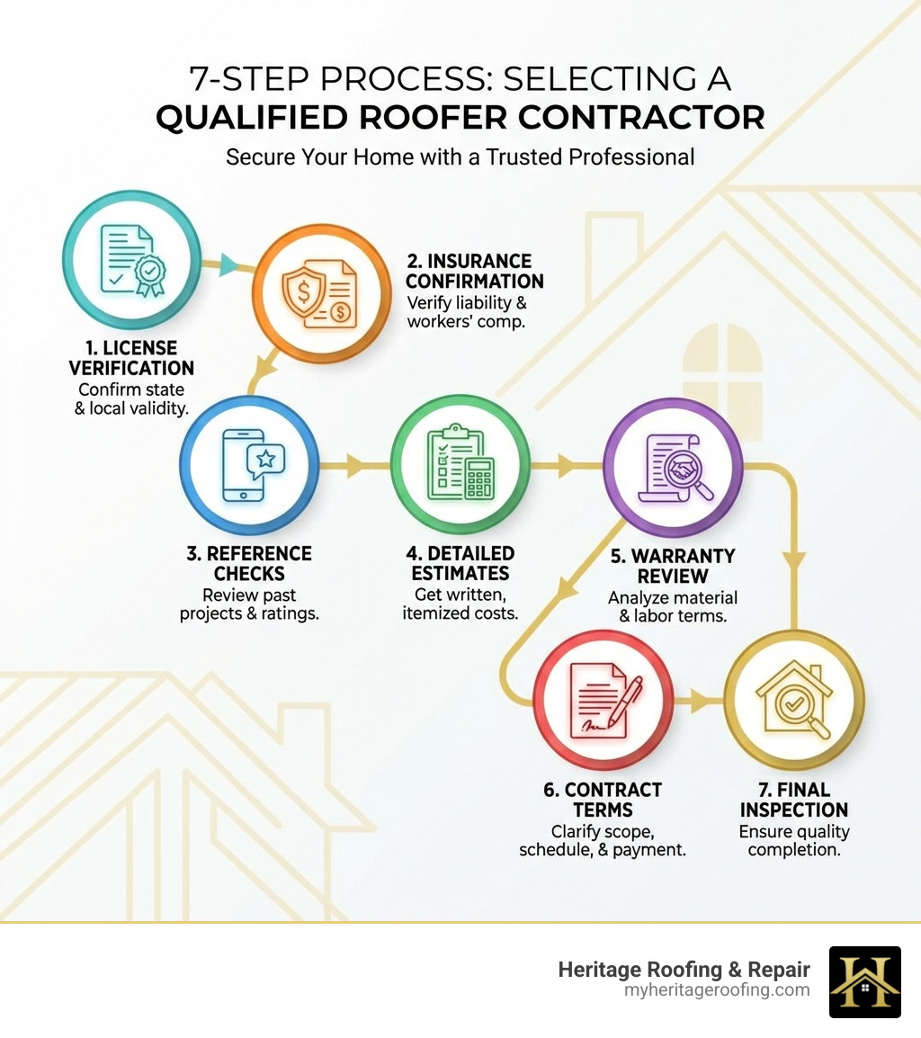 infographic showing 7-step process for selecting a qualified roofer contractor including license verification insurance confirmation reference checks detailed estimates warranty review contract terms and final inspection - roofer contractor infographic 
