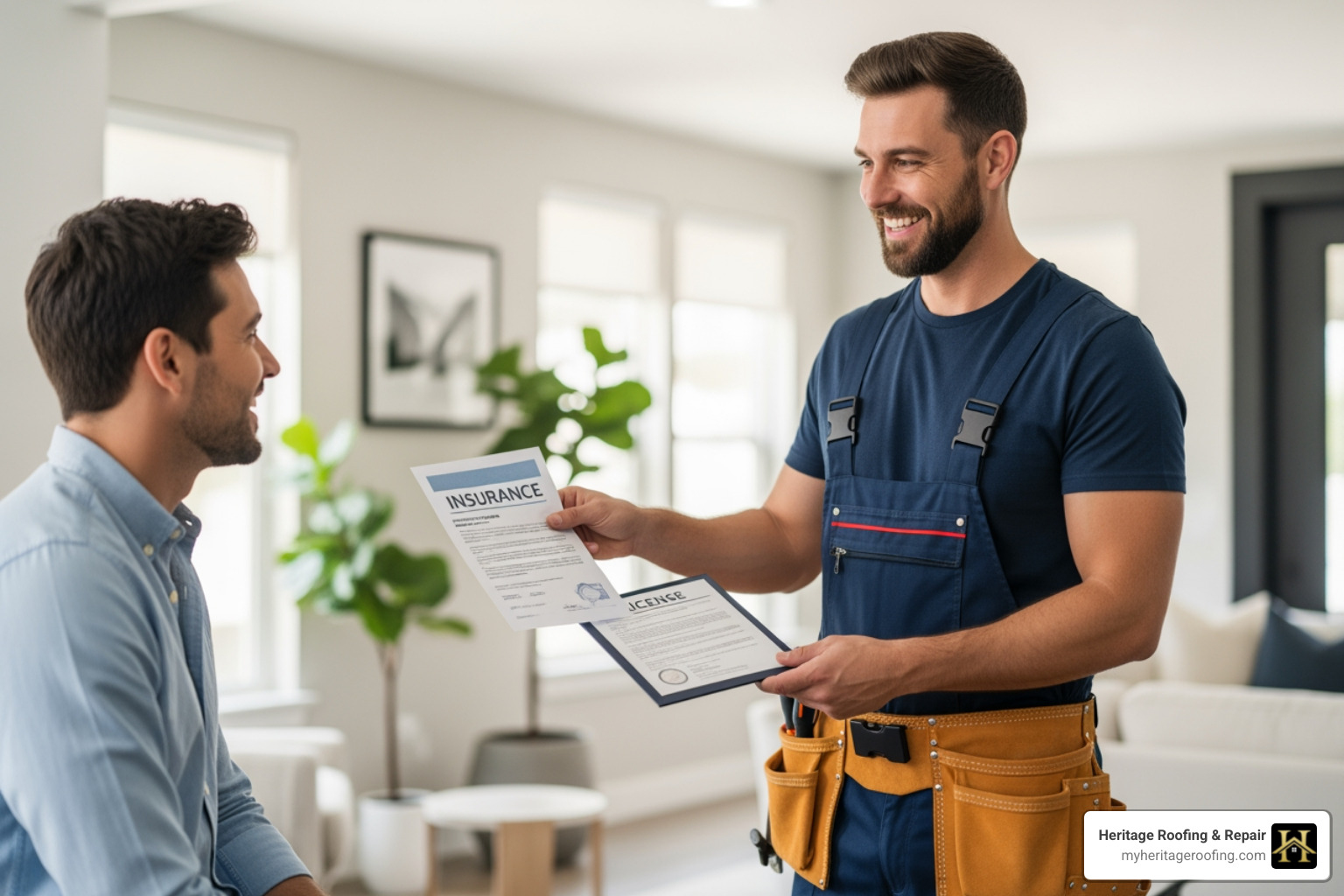 contractor showing homeowner insurance and license documentation during consultation - roofer contractor