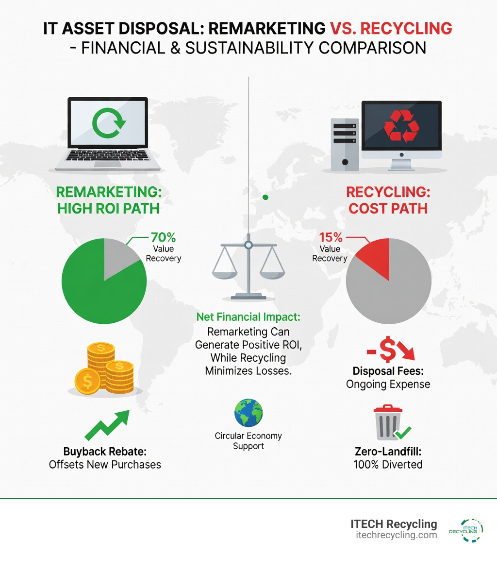 comparison of financial returns from remarketing versus the costs of recycling - it asset disposal companies infographic 