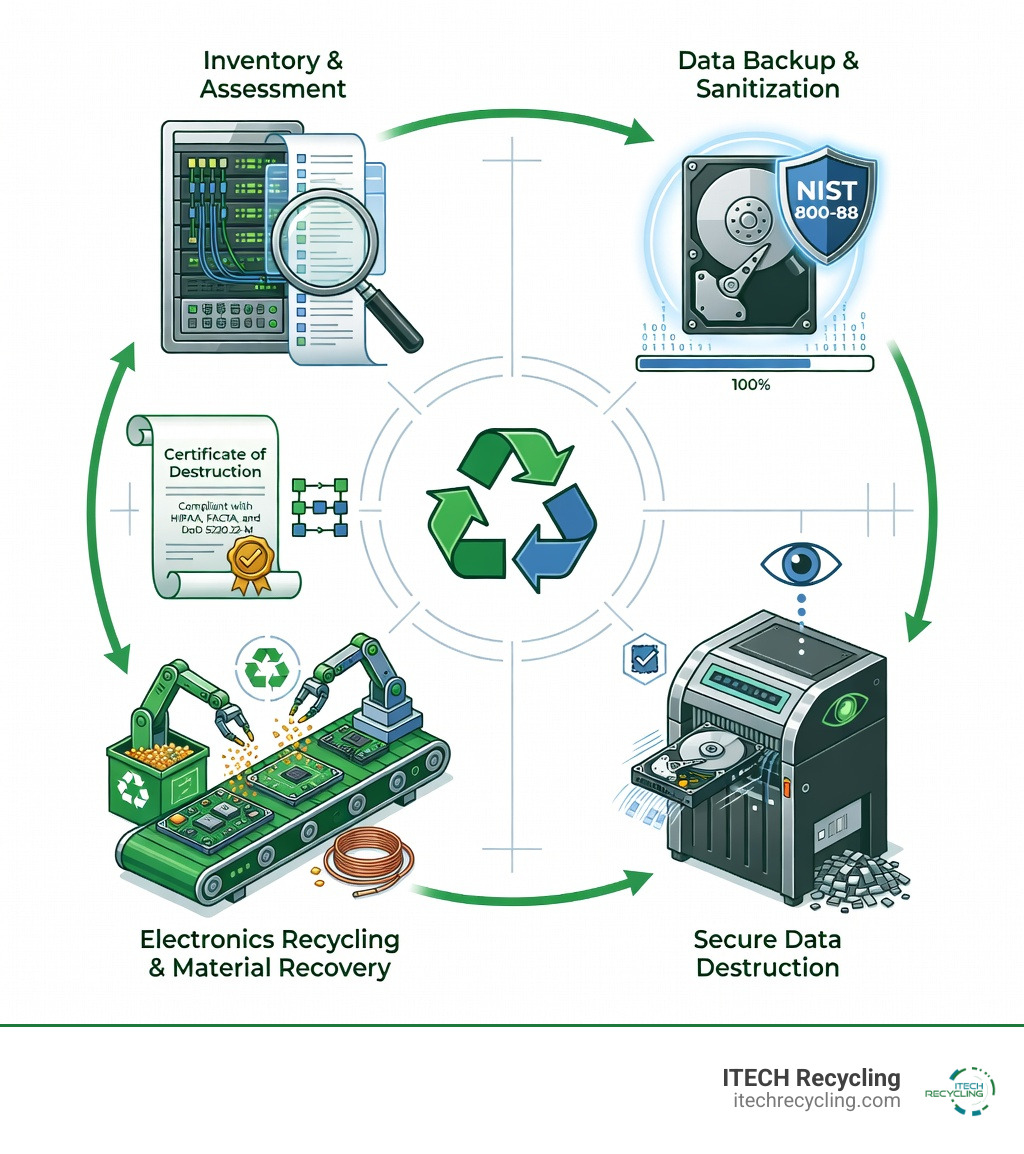 Infographic showing the secure ITAD lifecycle: 1) Inventory & Assessment of IT assets, 2) Data Backup & Sanitization using NIST 800-88 standards, 3) Secure Data Destruction via shredding/punching/degaussing with witnessed destruction, 4) Electronics Recycling & Material Recovery including precious metals extraction, 5) Certificates of Destruction & Compliance Documentation for HIPAA/LEED audit trails - chicago electronics recycling hard drive disposal infographic 