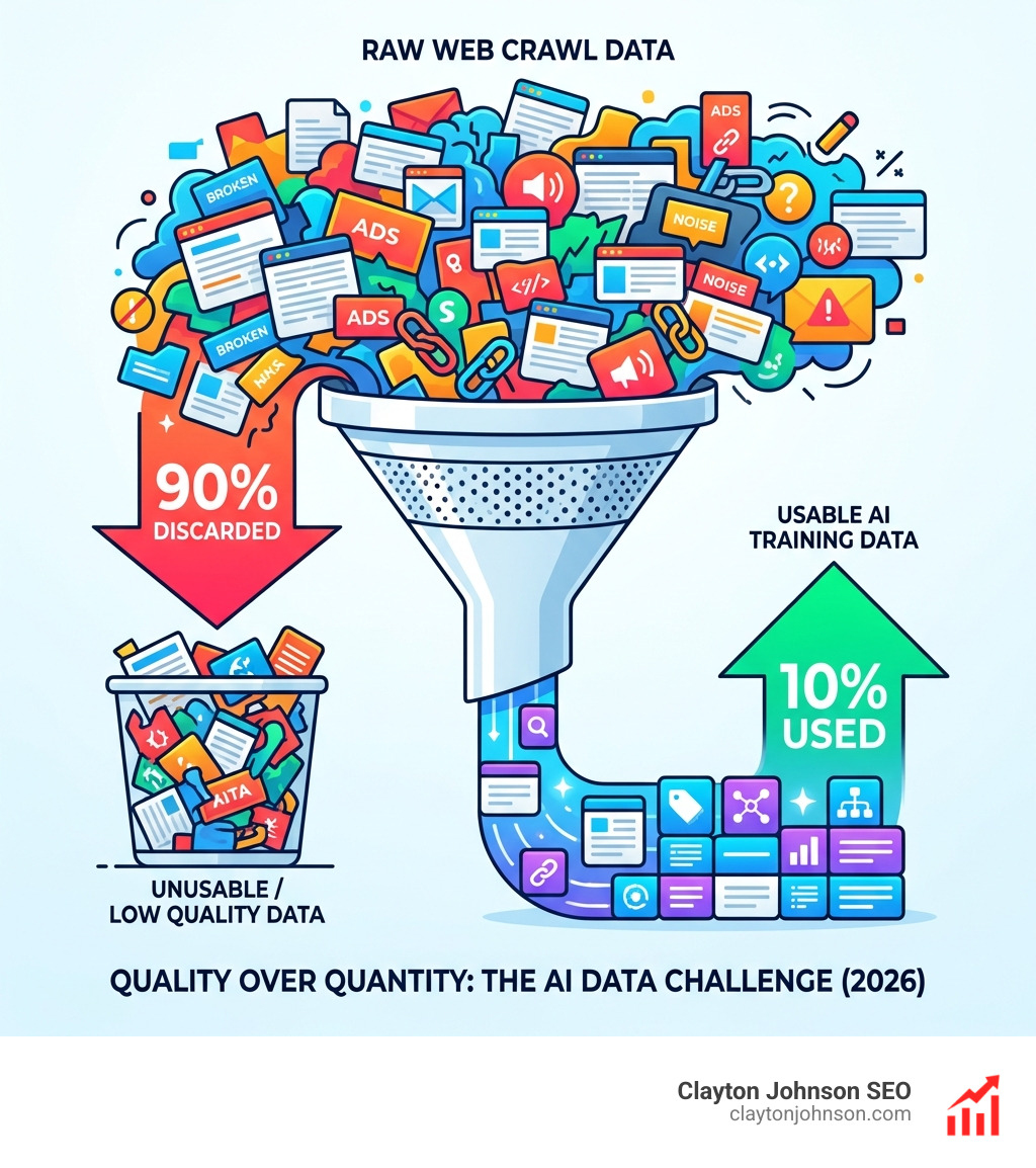 Data quality vs. quantity infographic showing that 90% of raw web crawl data is discarded for AI training - crawl web for ai datasets infographic Data quality vs. quantity infographic showing that 90% of raw web crawl data is discarded for AI training - crawl web for ai datasets infographic