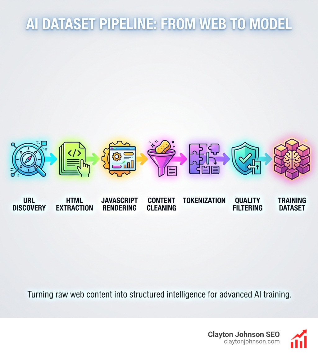 Pipeline showing web crawling stages: URL discovery → HTML extraction → JavaScript rendering → Content cleaning → Tokenization → Quality filtering → Training dataset - crawl web for ai datasets infographic Pipeline showing web crawling stages: URL discovery → HTML extraction → JavaScript rendering → Content cleaning → Tokenization → Quality filtering → Training dataset - crawl web for ai datasets infographic
