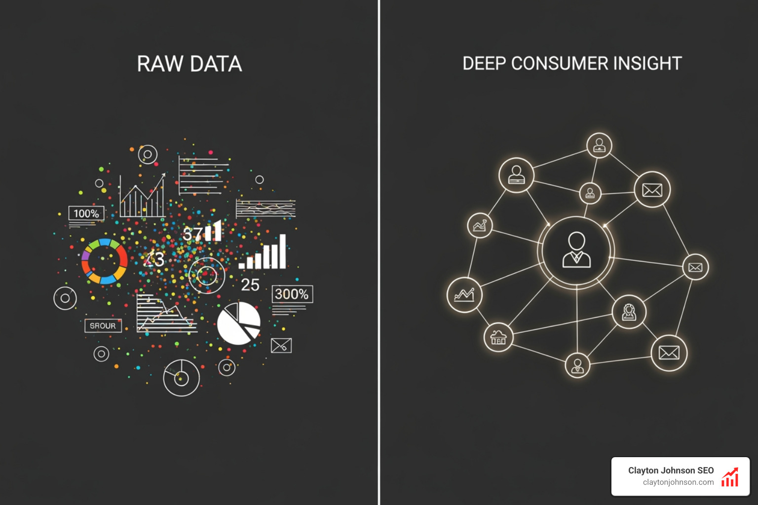 comparison graphic showing raw data points versus a connected visual representing a deep consumer insight - consumer insights examples comparison graphic showing raw data points versus a connected visual representing a deep consumer insight - consumer insights examples