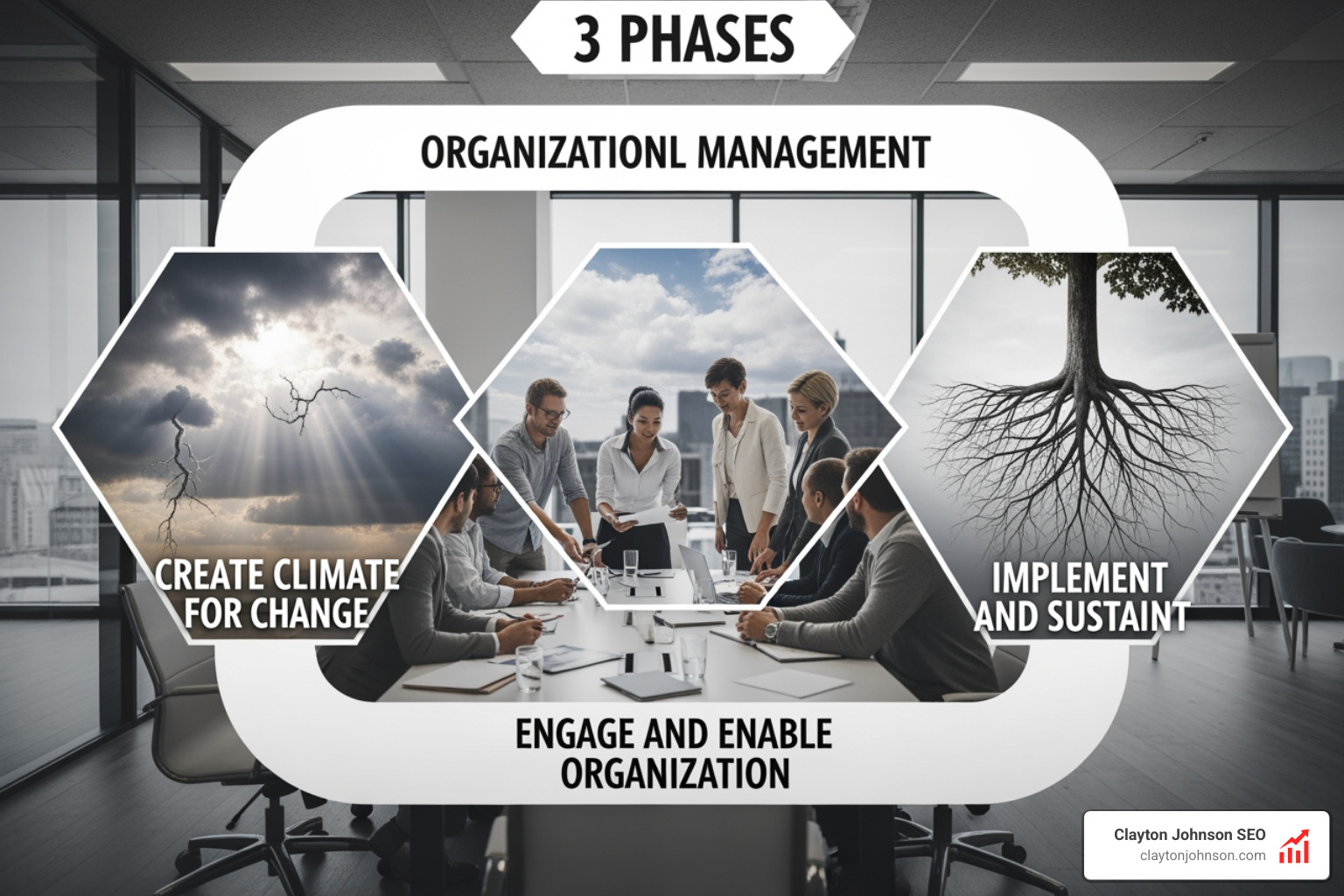 The three phases of change: Create Climate, Engage Organization, Implement and Sustain - Kotter's change management steps The three phases of change: Create Climate, Engage Organization, Implement and Sustain - Kotter's change management steps
