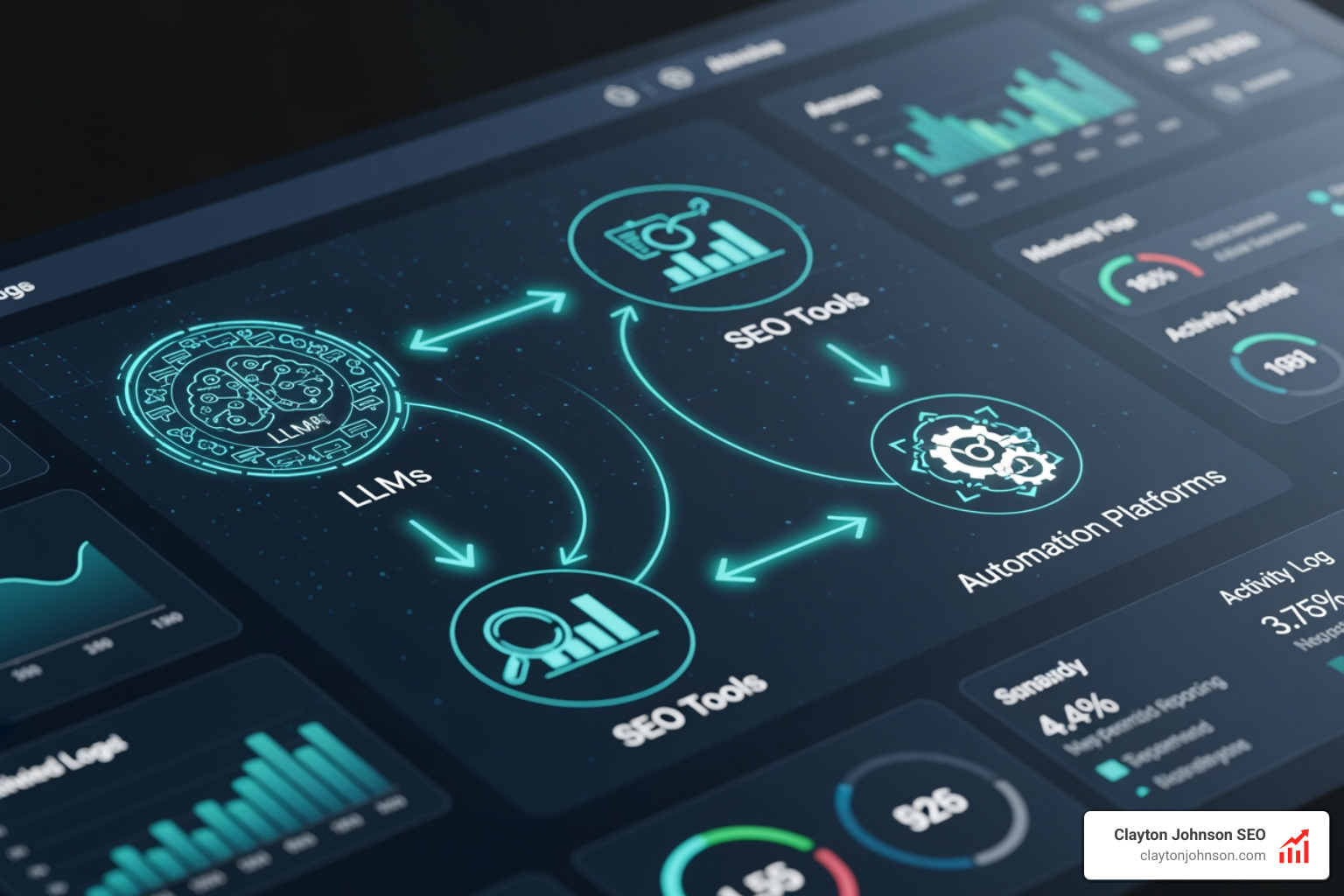 A connected AI tool ecosystem showing integrations between LLMs, SEO tools, and automation platforms - AI Content Systems