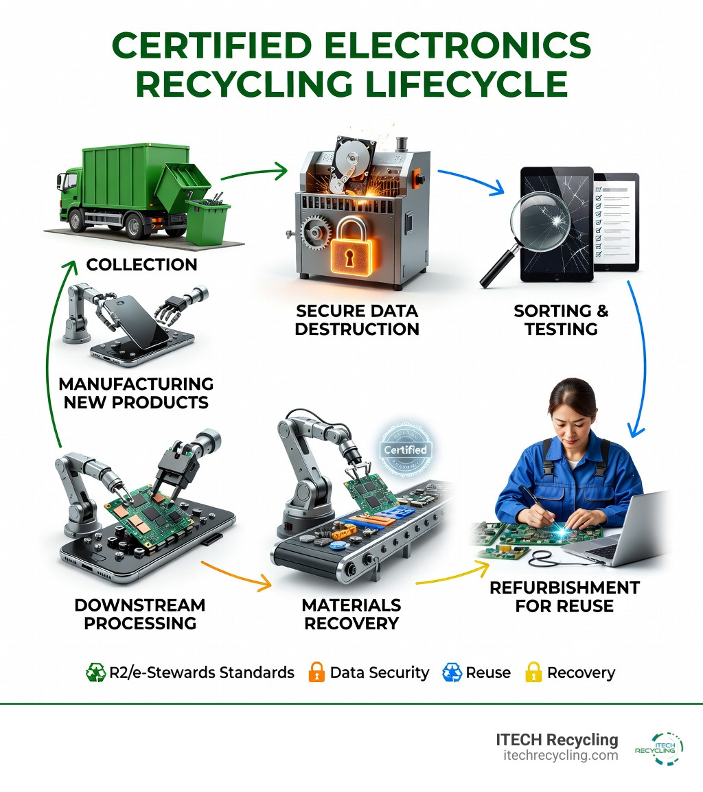 Infographic showing the lifecycle of certified electronics recycling: collection, secure data destruction, sorting and testing, refurbishment for reuse, materials recovery, downstream processing by certified vendors, and manufacturing into new products - Certified electronics recycling infographic 