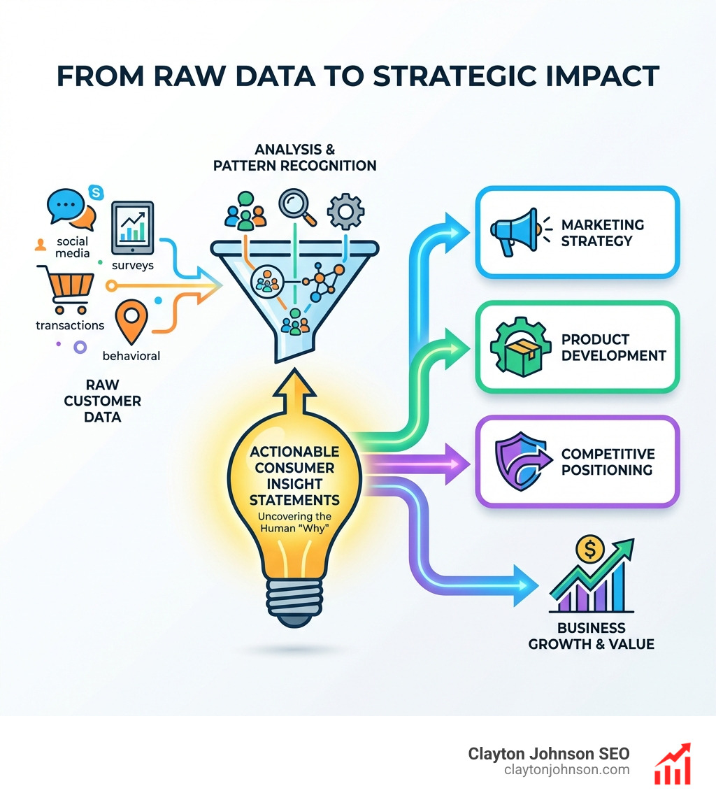 infographic showing the journey from raw customer data through analysis and pattern recognition to actionable consumer insight statements that drive marketing strategy, product development, and competitive positioning - consumer insights examples infographic infographic showing the journey from raw customer data through analysis and pattern recognition to actionable consumer insight statements that drive marketing strategy, product development, and competitive positioning - consumer insights examples infographic