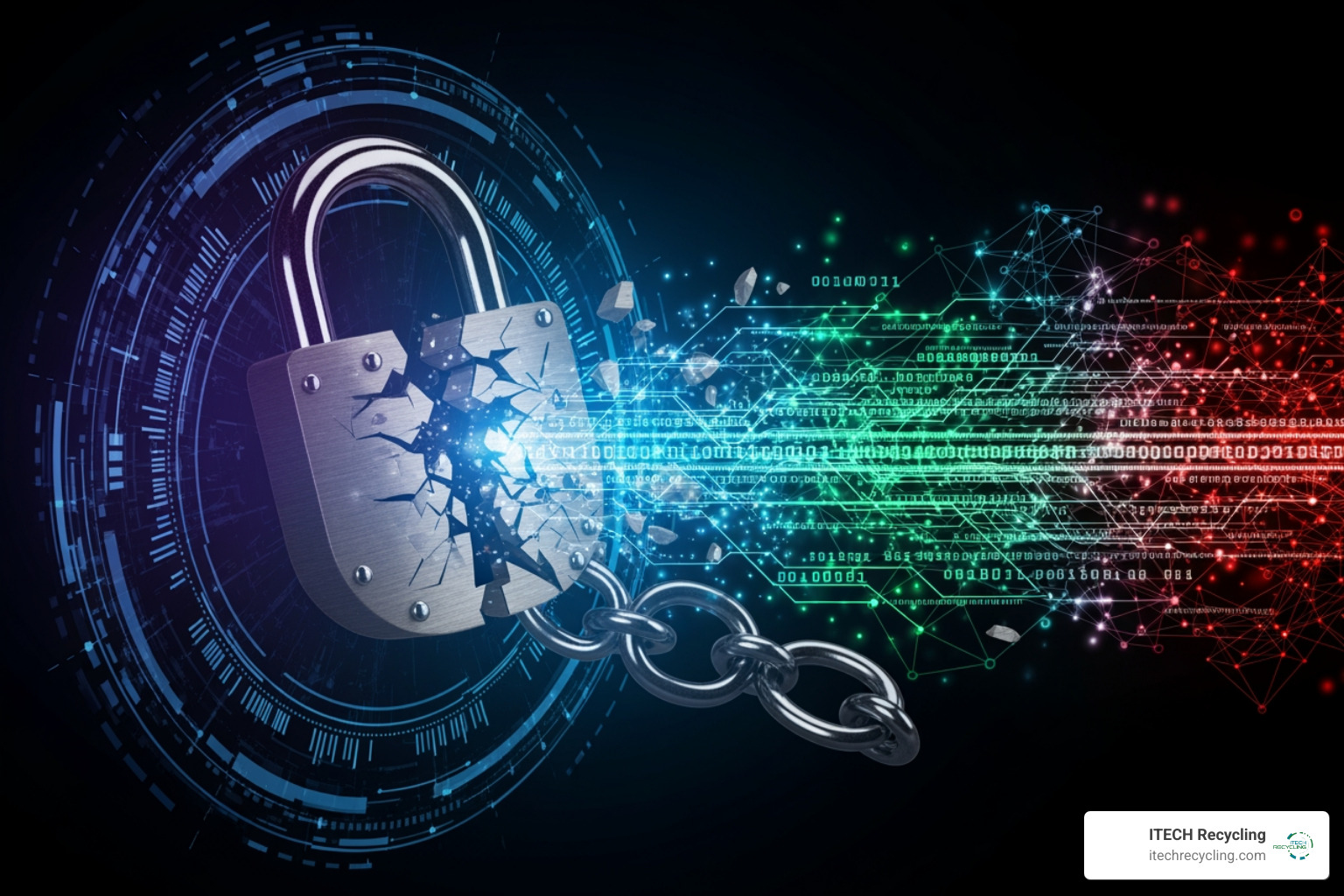 A conceptual image showing a digital data breach with a broken lock and glowing data streams - electronic data destruction
