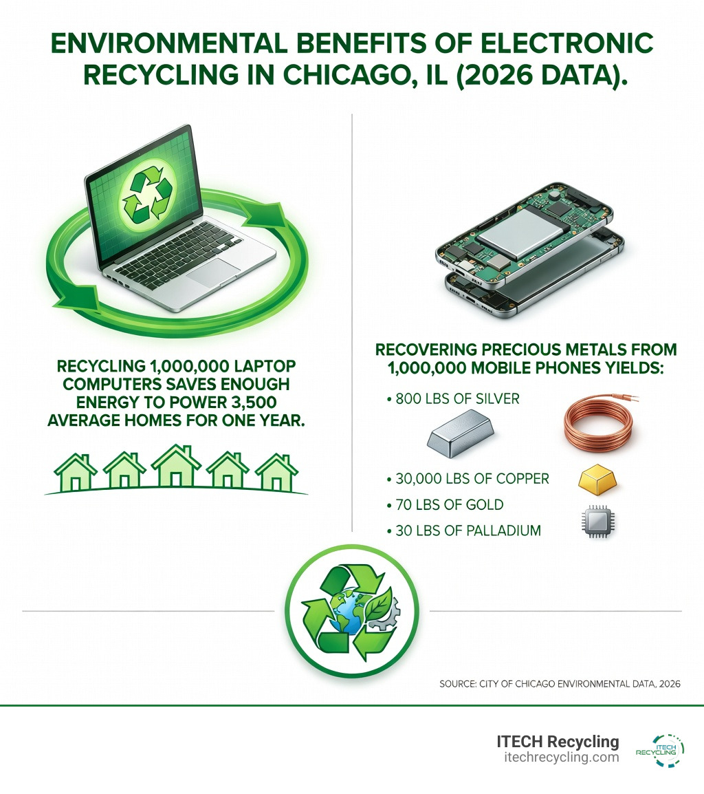 infographic showing environmental benefits of electronic recycling including energy savings from recycling laptops and precious metal recovery from mobile phones - electronic recycling chicago il infographic 