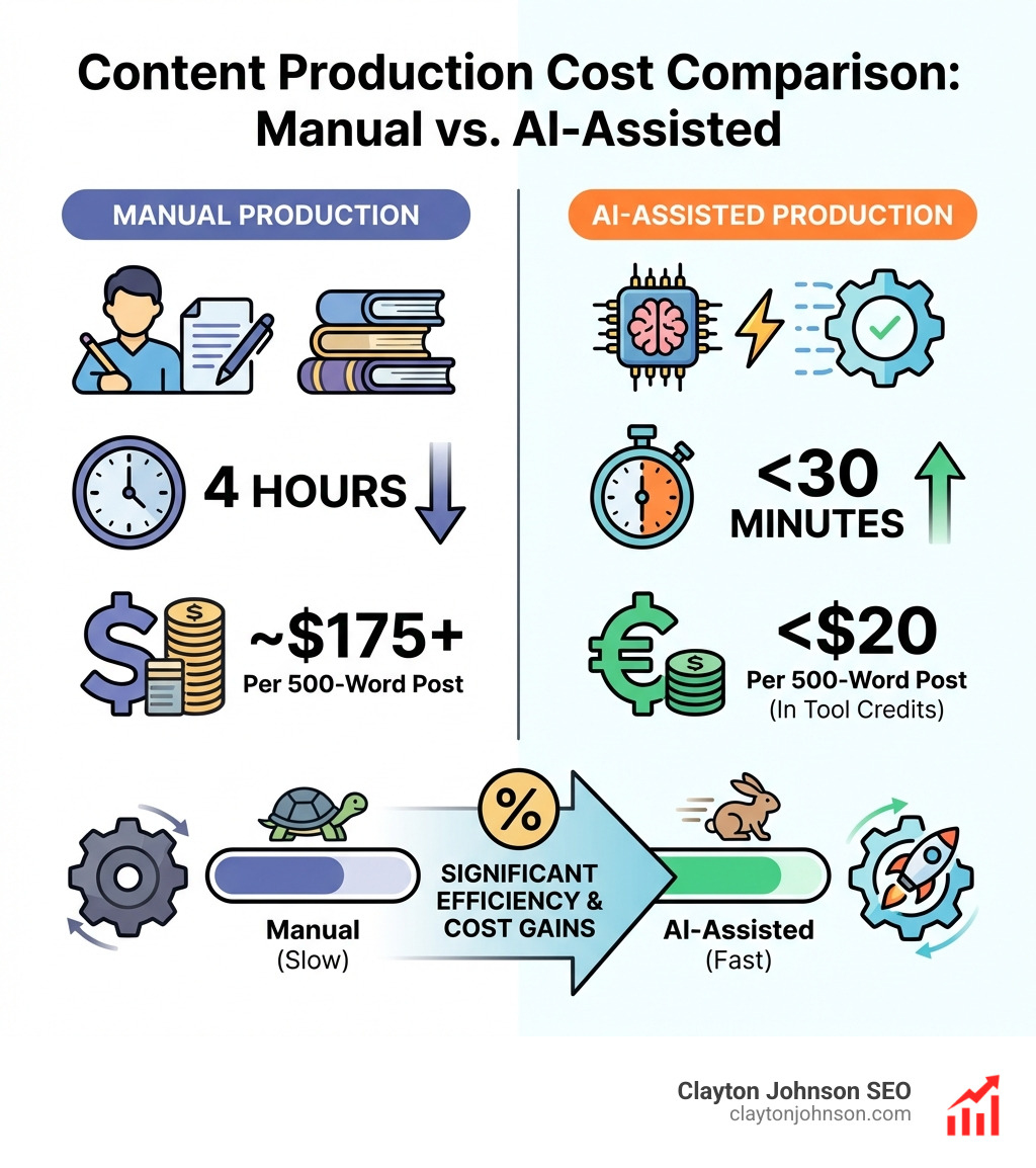 Table comparing manual vs. AI-assisted production costs: Manual 500-word post takes 4 hours and costs ~$175+; AI-assisted takes <30 minutes and costs <$20 in tool credits - AI Content Systems infographic 