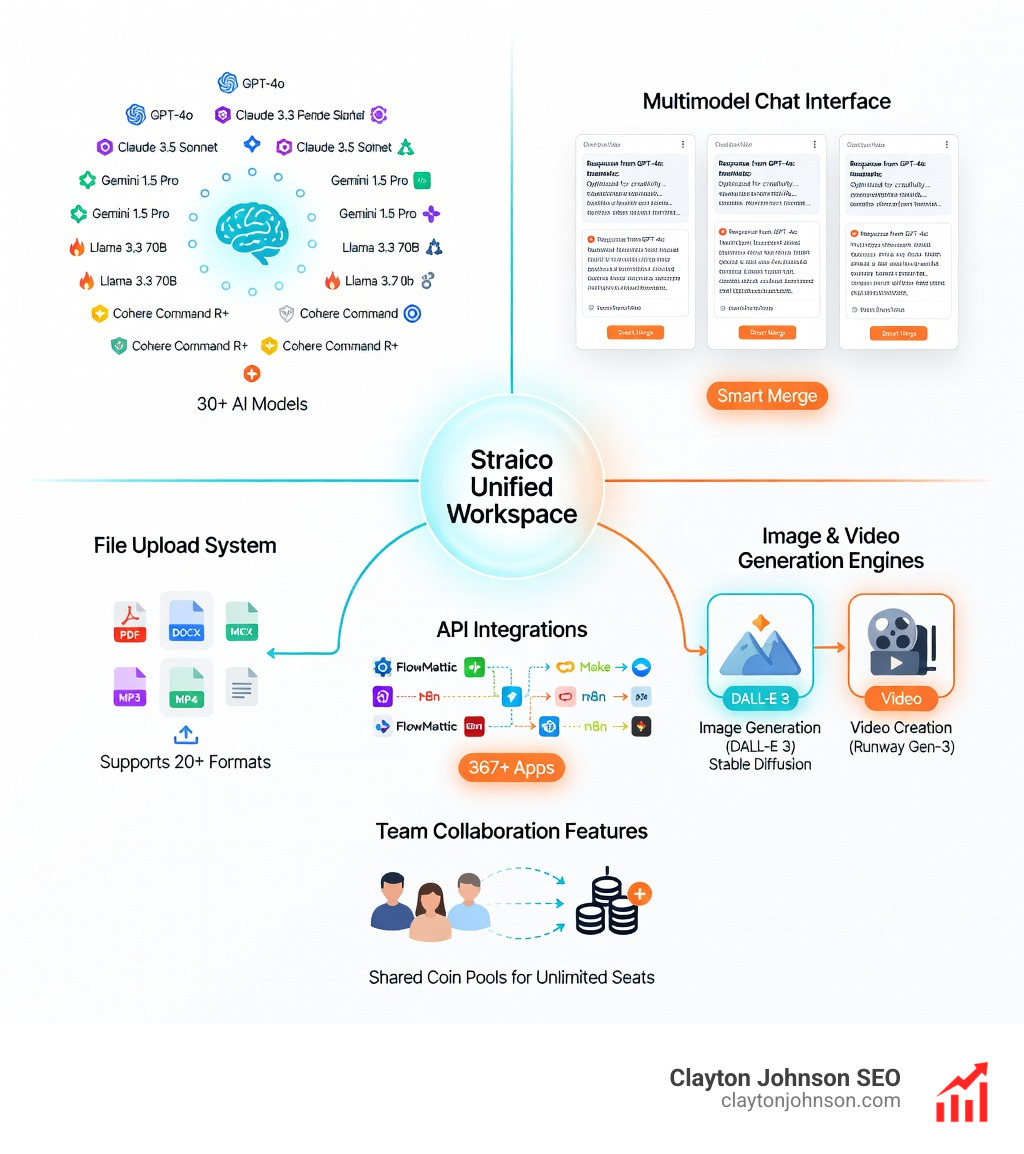 Infographic showing Straico ecosystem with unified workspace connecting to 30+ AI models, file upload system supporting 20+ formats, API integrations with 367+ apps, multimodel chat interface with Side by Side views, image and video generation engines, and team collaboration features with shared coin pools - Straico features list 2024 infographic 